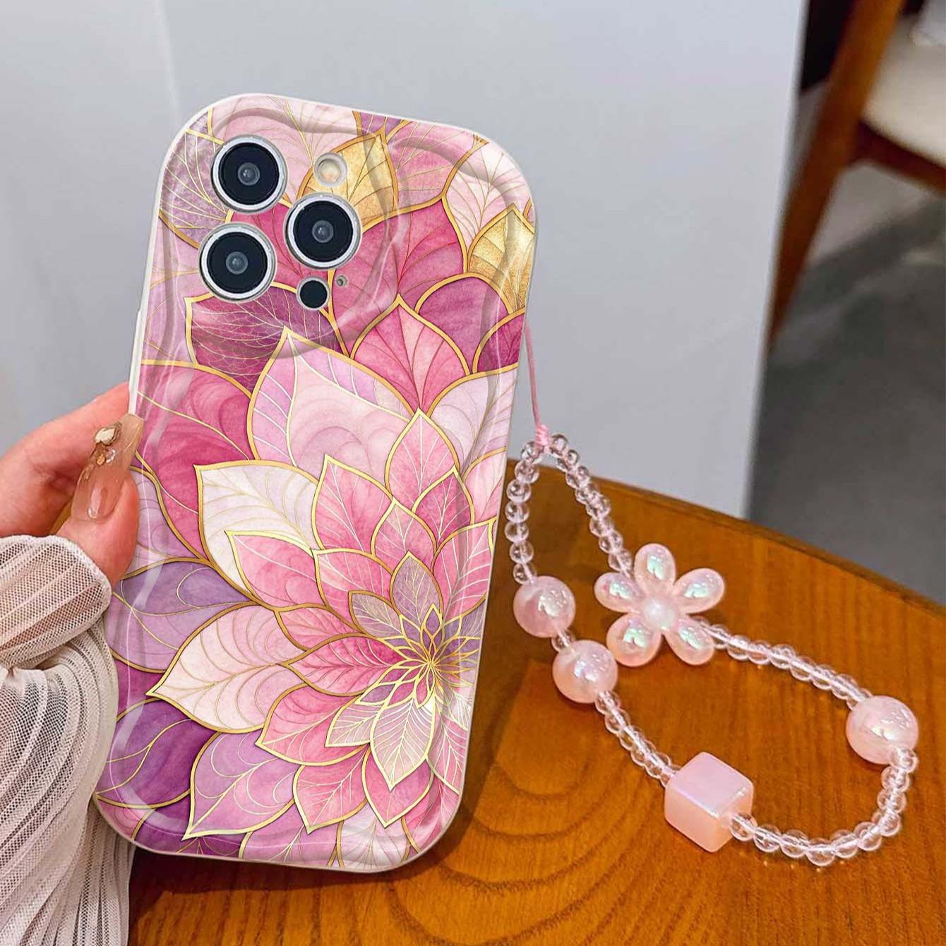 Gold Mandala Flower Tpu Phone Case with Lanyard, Shockproof Wave Edge, Compatible with Apple iPhone Models, Perfect Gift for Girls