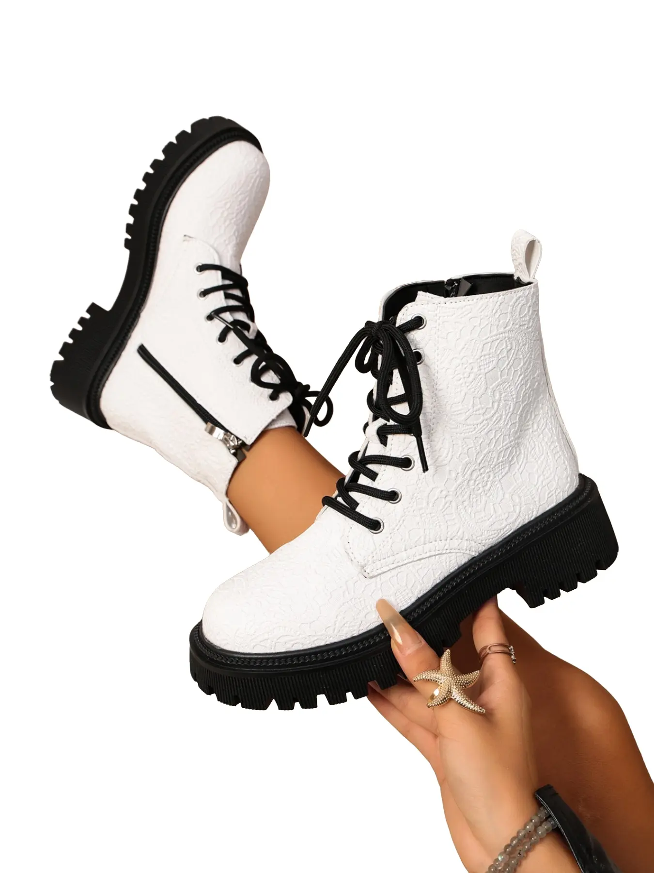 Textured Boots, Side Zipper Laces Thick Sole, Streetwear Fall Winter Short Calf Women's Boots, Fashionable and Stylish