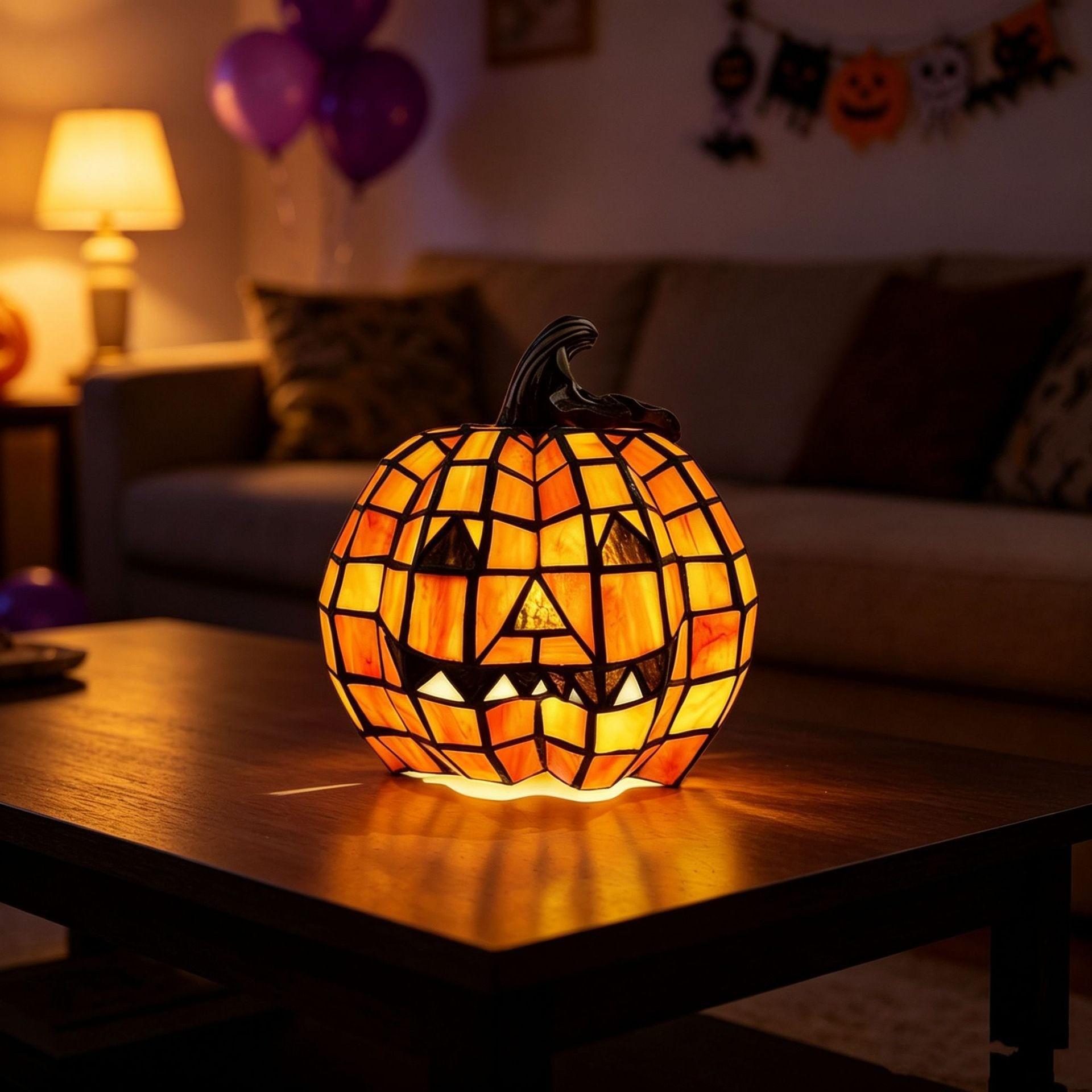 Tiffany Style Halloween Pumpkin Light-Up Decoration, Glowing Pumpkin Ornament for Halloween, Festive Pumpkin Lamp for Home Decor