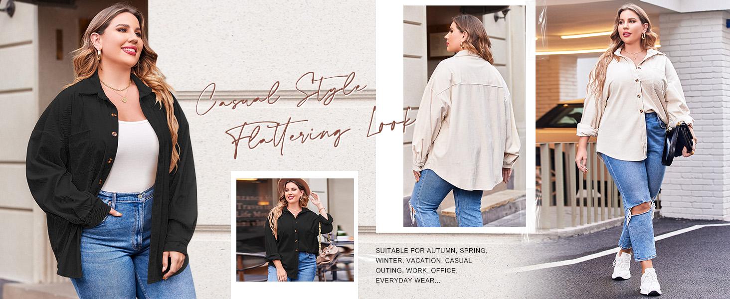 IN'VOLAND Womens Plus Size Corduroy Shirt Long Sleeve Button Down Shirts Fall Blouses Tops Casual Jacket Shacket Loose Fit Lightweight