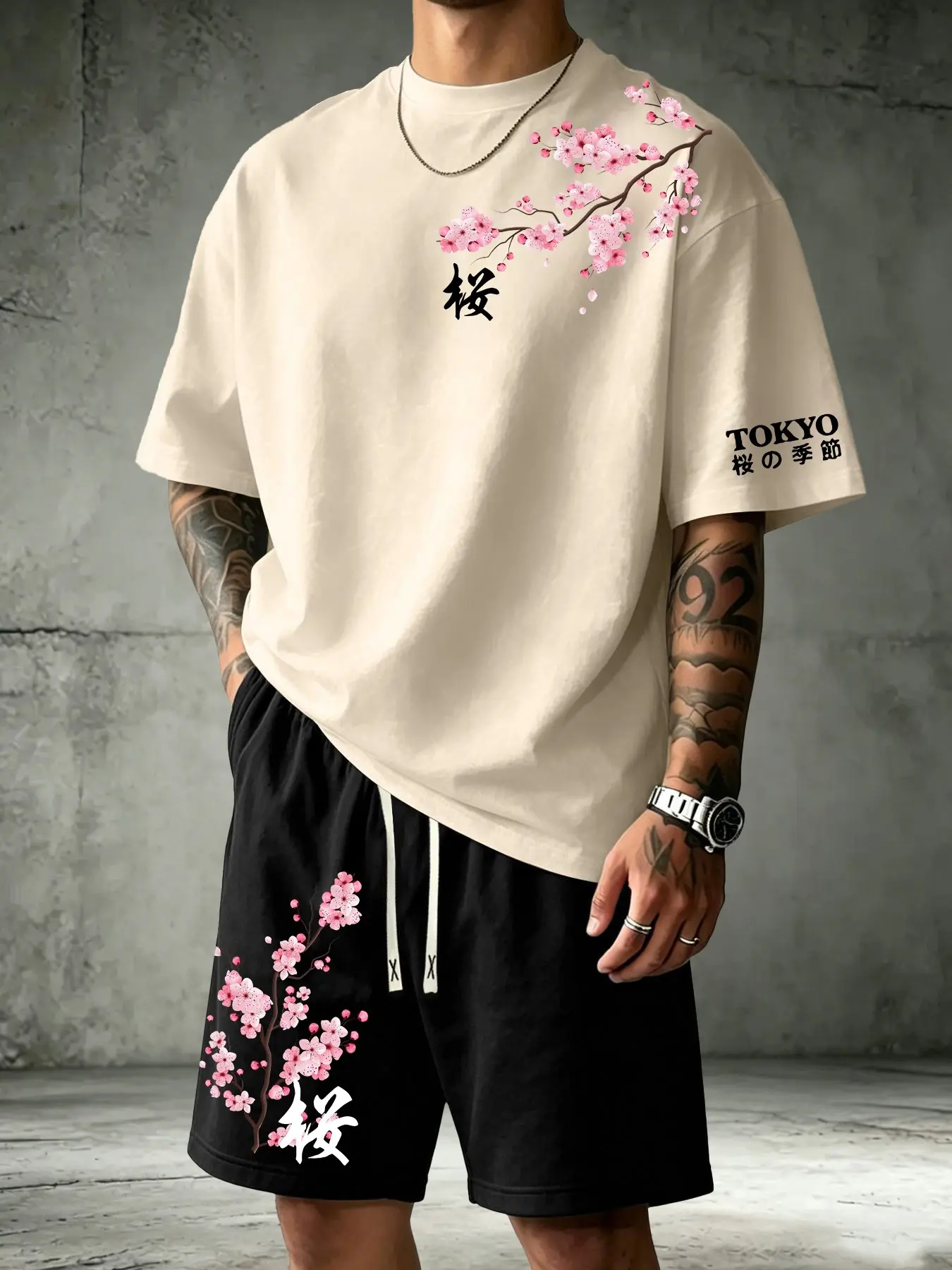 Unisex Y2K Japanese Cherry Blossom Graphic 2 Piece Outfit Set, Crewneck Short Sleeve Tee & Drawstring Casual Shorts, Tokyo Kanji Print Oversized Streetwear Matching Set#Y2KStreetwear #JapaneseStreetwear #CherryBlossomOutfit #MatchingSet#TokyoStyle