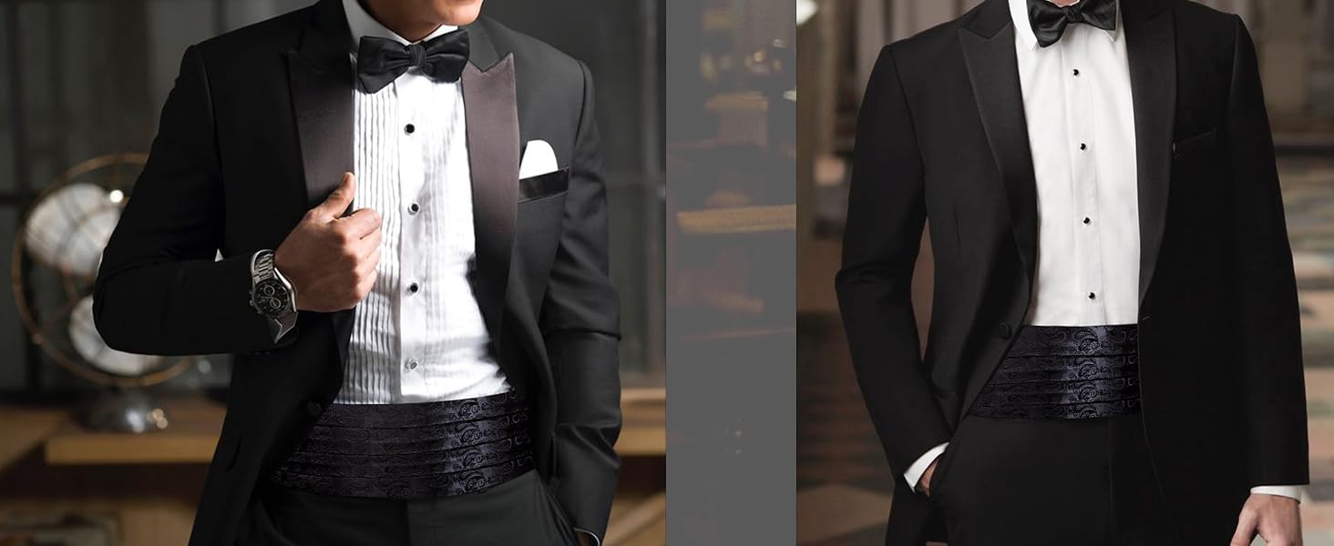 Men Silk Paisley Cummerbund and Pre-tied Bowtie Handkerchief Cufflink Set for Tuxedo Men Silk Paisley Cummerbund and Pre-tied Bowtie Handkerchief Cufflink Set for Tuxedo