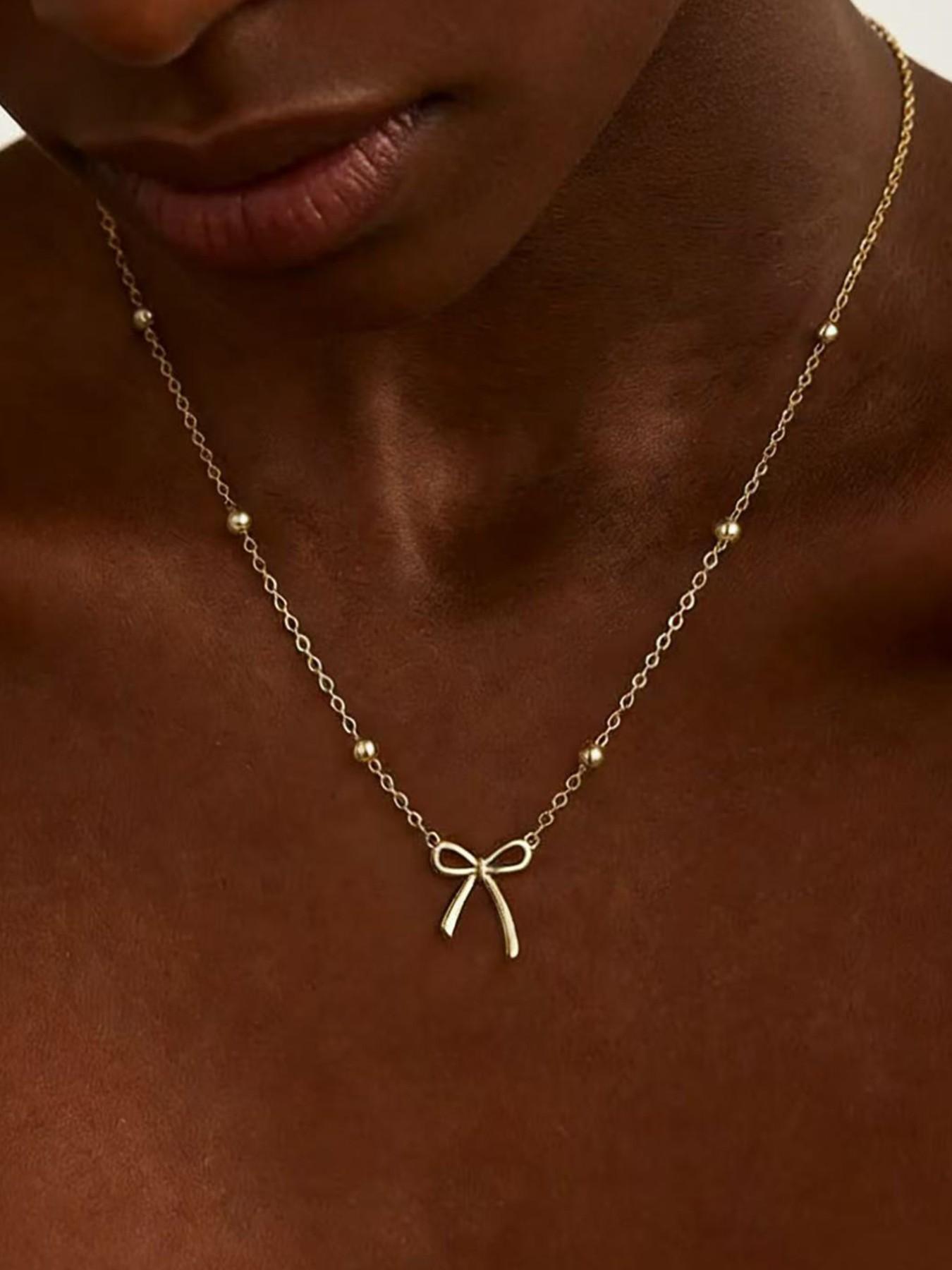 Clean Girl Aesthetic Necklace, Delicate Bow Necklace, Gold Plated Cute Choker, Small Bow Pendant Charm, Teenager Gift