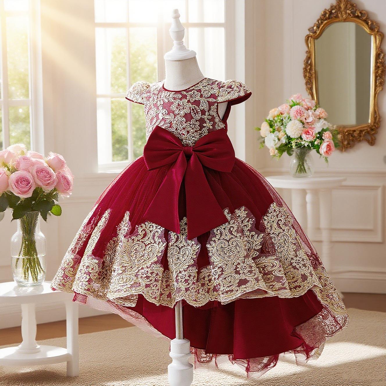 Champagne color dress with floral embroidery train design elegant and beautiful dress suitable for girls birthday party anniversary and prom Frill Trim Dress Birthday Party Dresses
