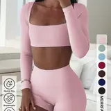 【Black Friday】Women's Sporty Plain Long Sleeve Cropped Top & Skinny Shorts, Slim-Fit Athleisure Two-Piece Set, Activewear for Fall, Comfortable Casual Outfit for Daily Wear