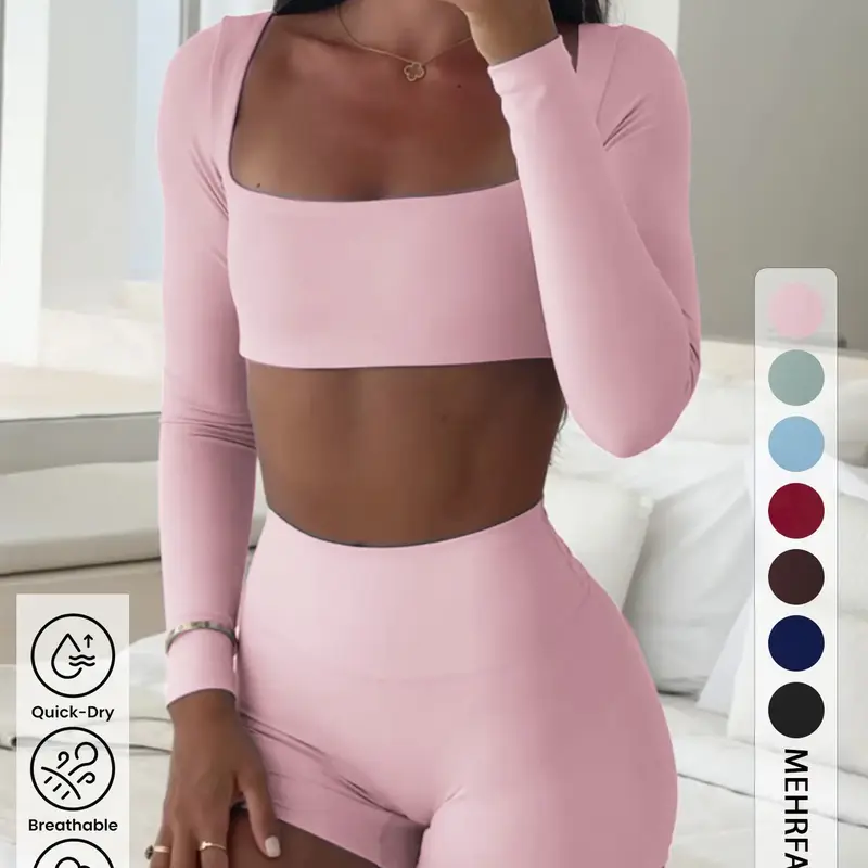 【Black Friday】Women's Sporty Plain Long Sleeve Cropped Top & Skinny Shorts, Slim-Fit Athleisure Two-Piece Set, Activewear for Fall, Comfortable Casual Outfit for Daily Wear