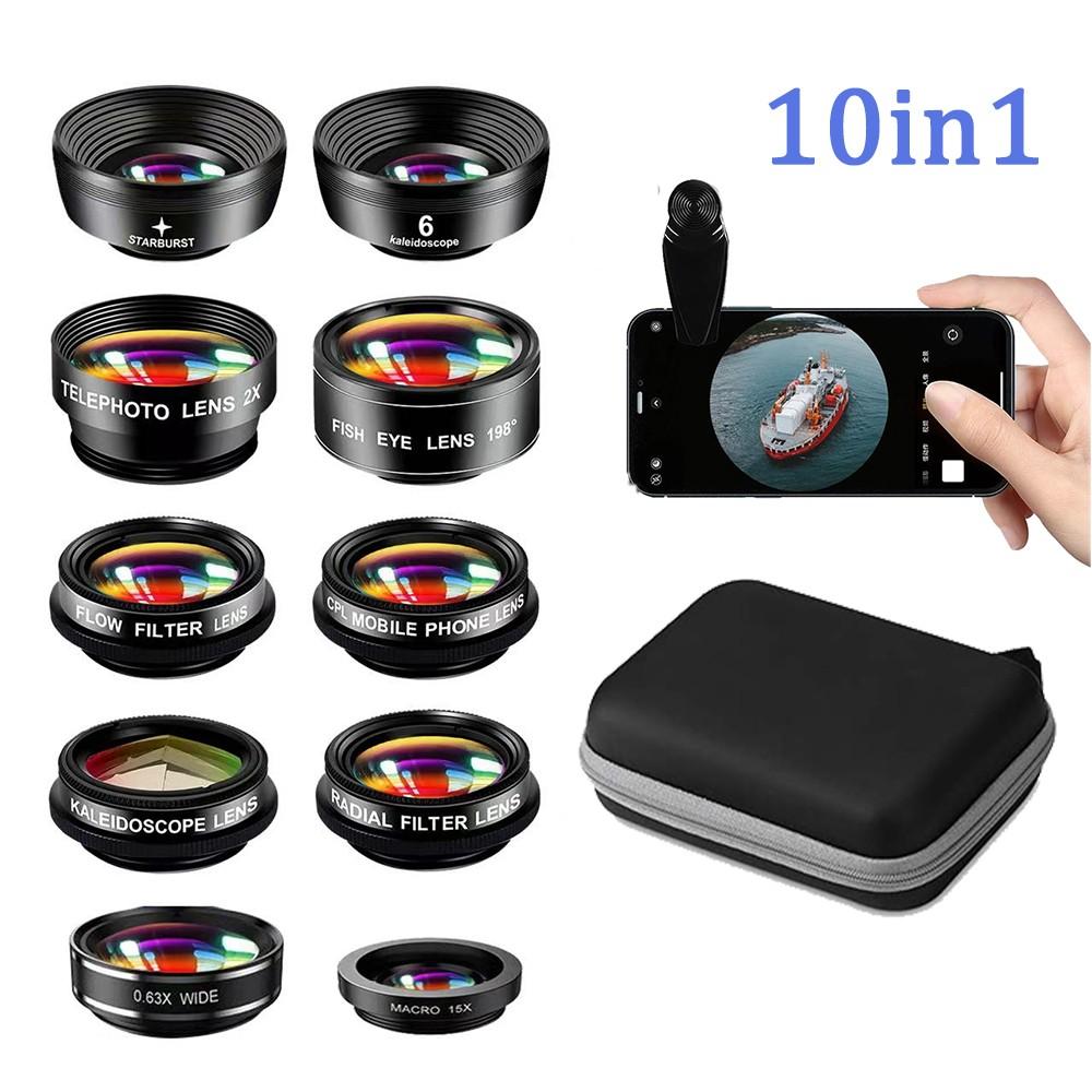 Phone Camera Lens-Macro Lens+Wide Lens+Fisheye Lens+Telephoto Lens+CPL/Flow/Radial/Star Filter+Kaleidoscope 3/6 Lens 10 in 1 Lens Kit, Lens Attachments, Smartphone Camera Accessories, compatible with iPhone, Samsung and most smartphones.