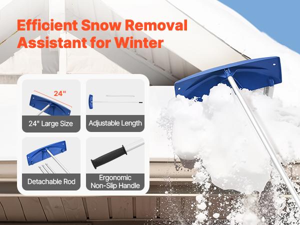 VEVOR Snow Roof Rake, 24 in PP Plastic Blade, 3.8-18.2 ft Adjustable Roof Snow Scraper with Wheels, Anti-Slip Handle Snows Removal Tool, Lightweight House Rooftop Rake for Leaves Debris Removal
