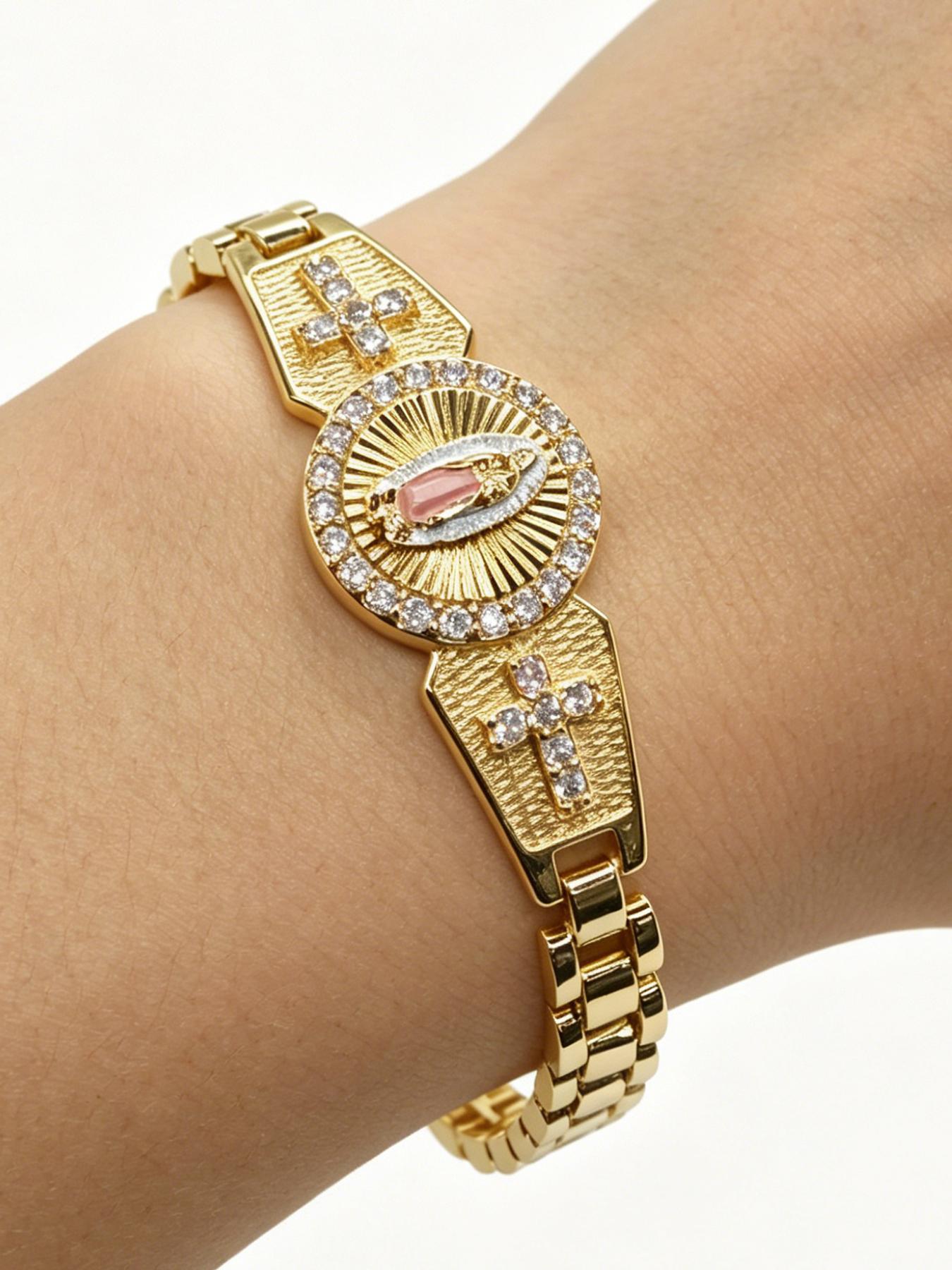 Vintage Religious Rhinestone Mary Cross Bracelet, Unisex, Easter, Thanksgiving, Church Prayer Jewelry