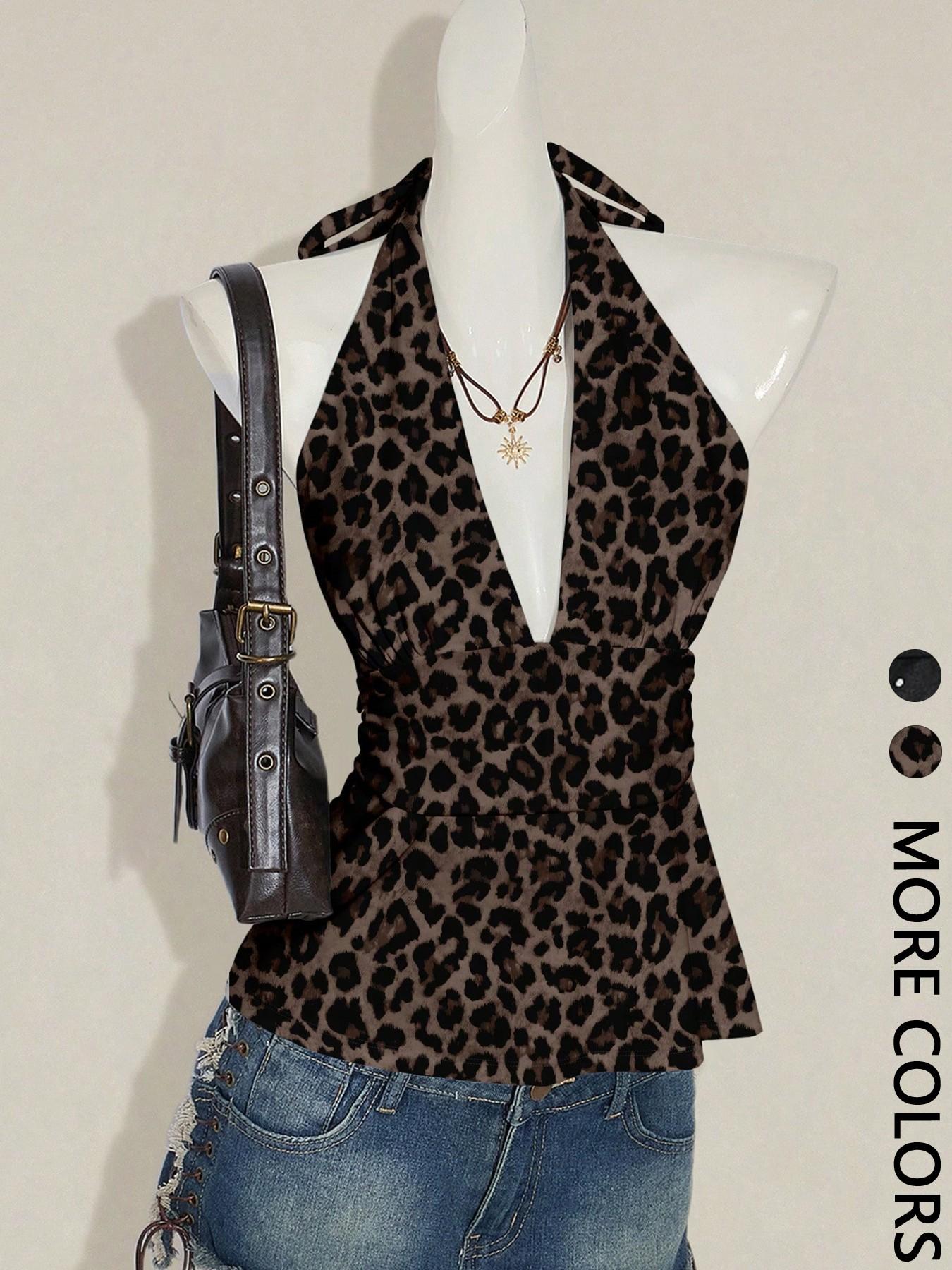 This Leopard Print Halter Top is Y2K Retro Edgy Vibes 🐆 | Deep V Ruched Peplum Top