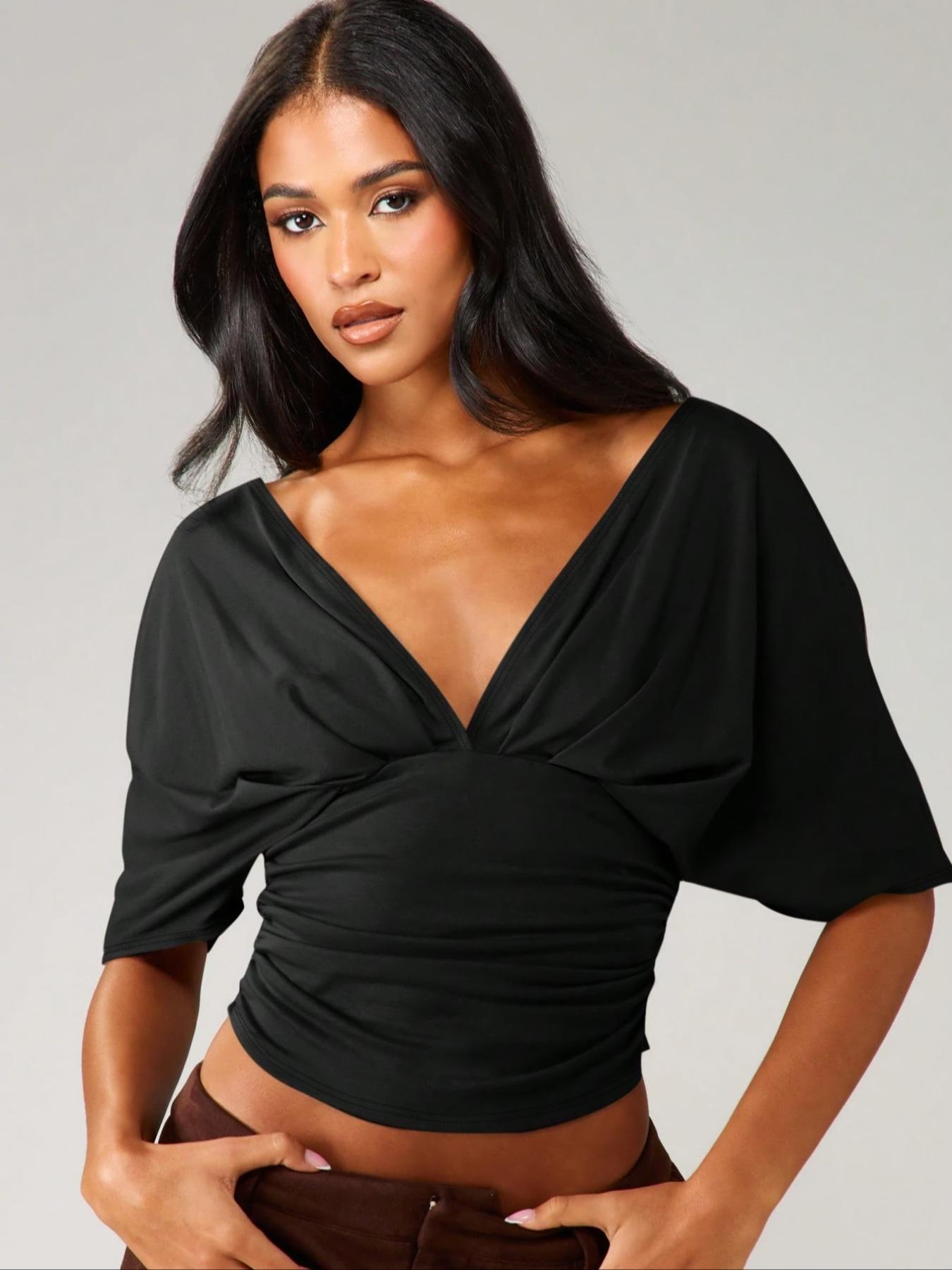 Women's Fashion Comfortable Casual Waist Cinched Slimming V-Neck Backless Simple Bodycon Top, Stylish and Versatile