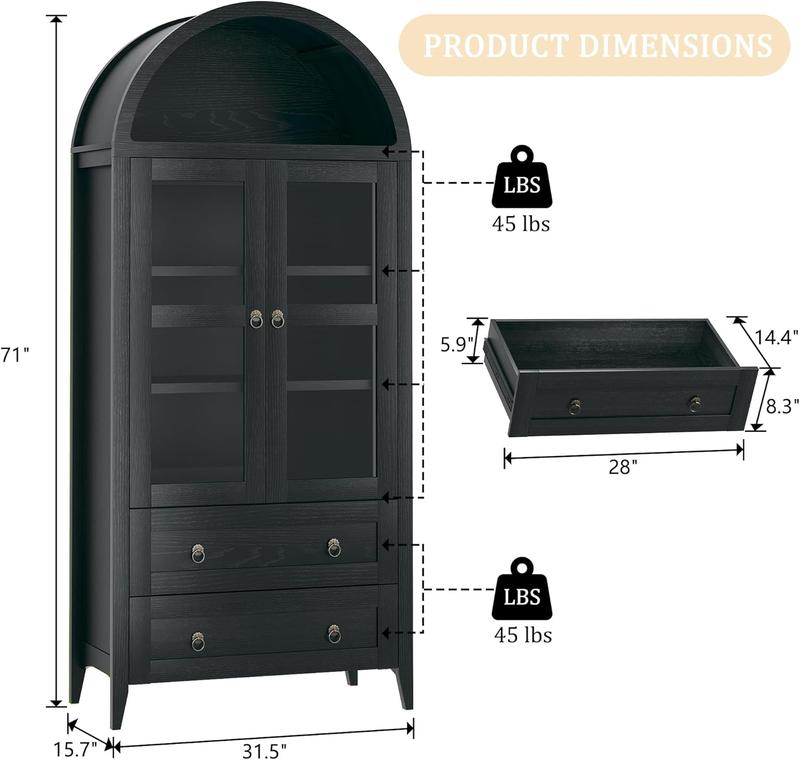 71" Tall Arched Kitchen Pantry, Arched Cabinet , Kitchen Storage Cabinets with 2 Large Drawers & Adjustable Shelves & Glass Door for Living Room, Dining Room, Black