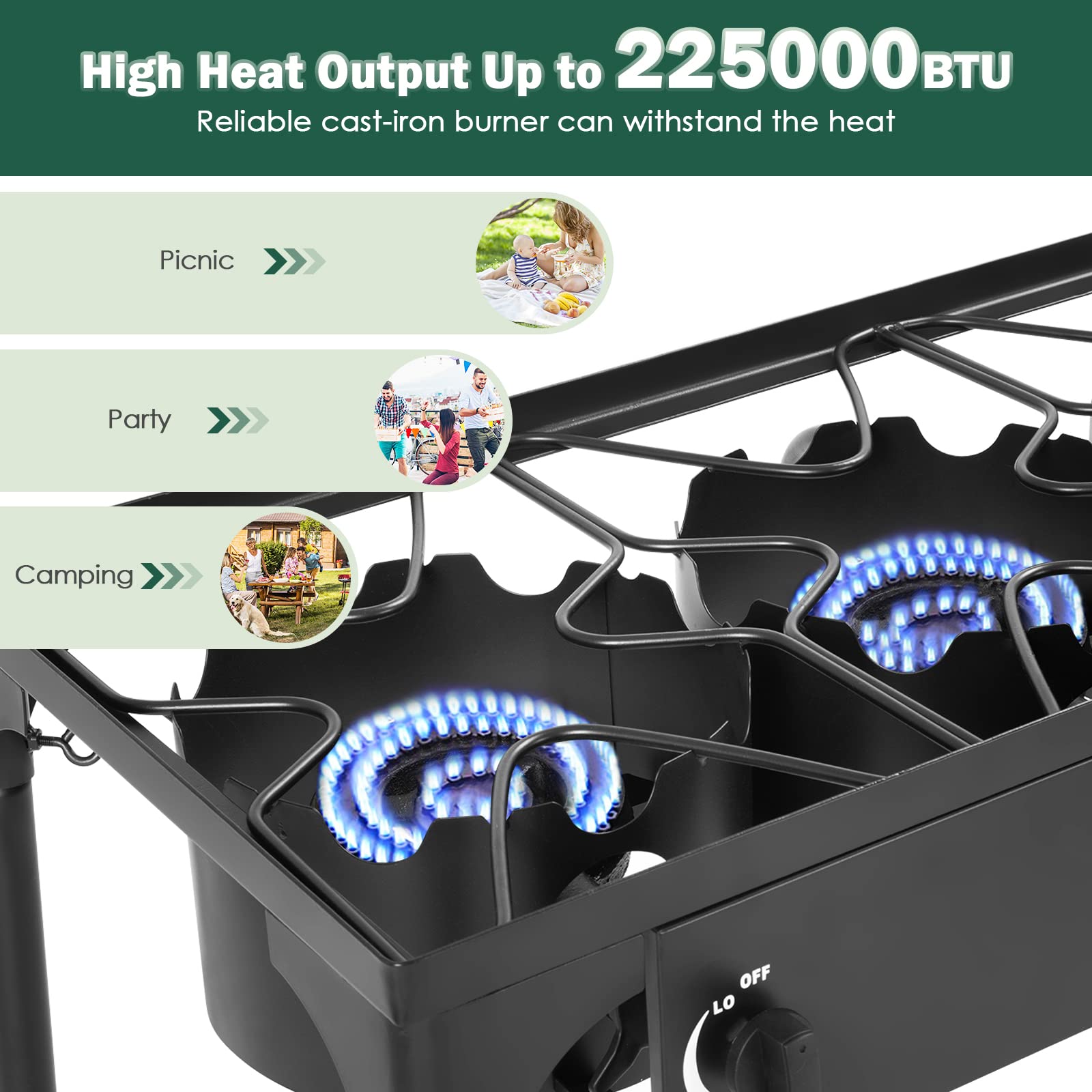 GEEKHOM 3 Burner Outdoor Propane Gas Stove 225,000 BTU High Pressure Stand Cooker for Backyard Cooking Camping Home Brewing Canning Turkey Frying, 20 PSI Regulator