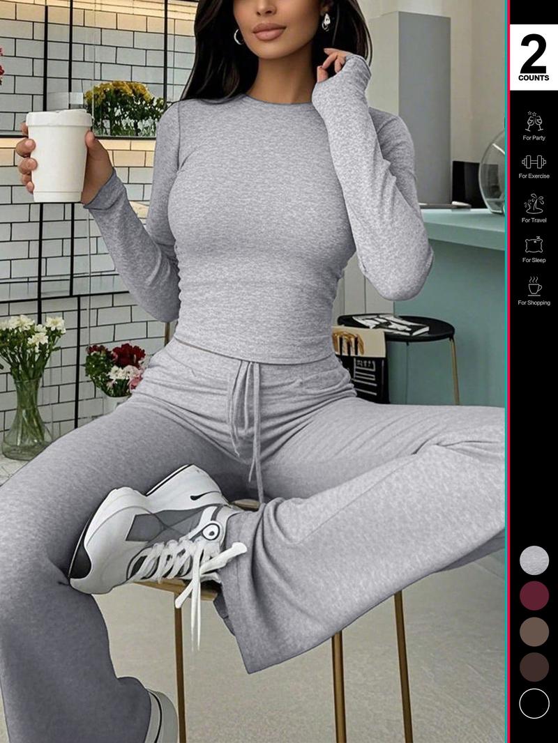 2026 Two Pieces Fall Women Clothes Y2K Sporty Casual Home Solid Color Fitted Long-Sleeved T-Shirt And Long Pants Set