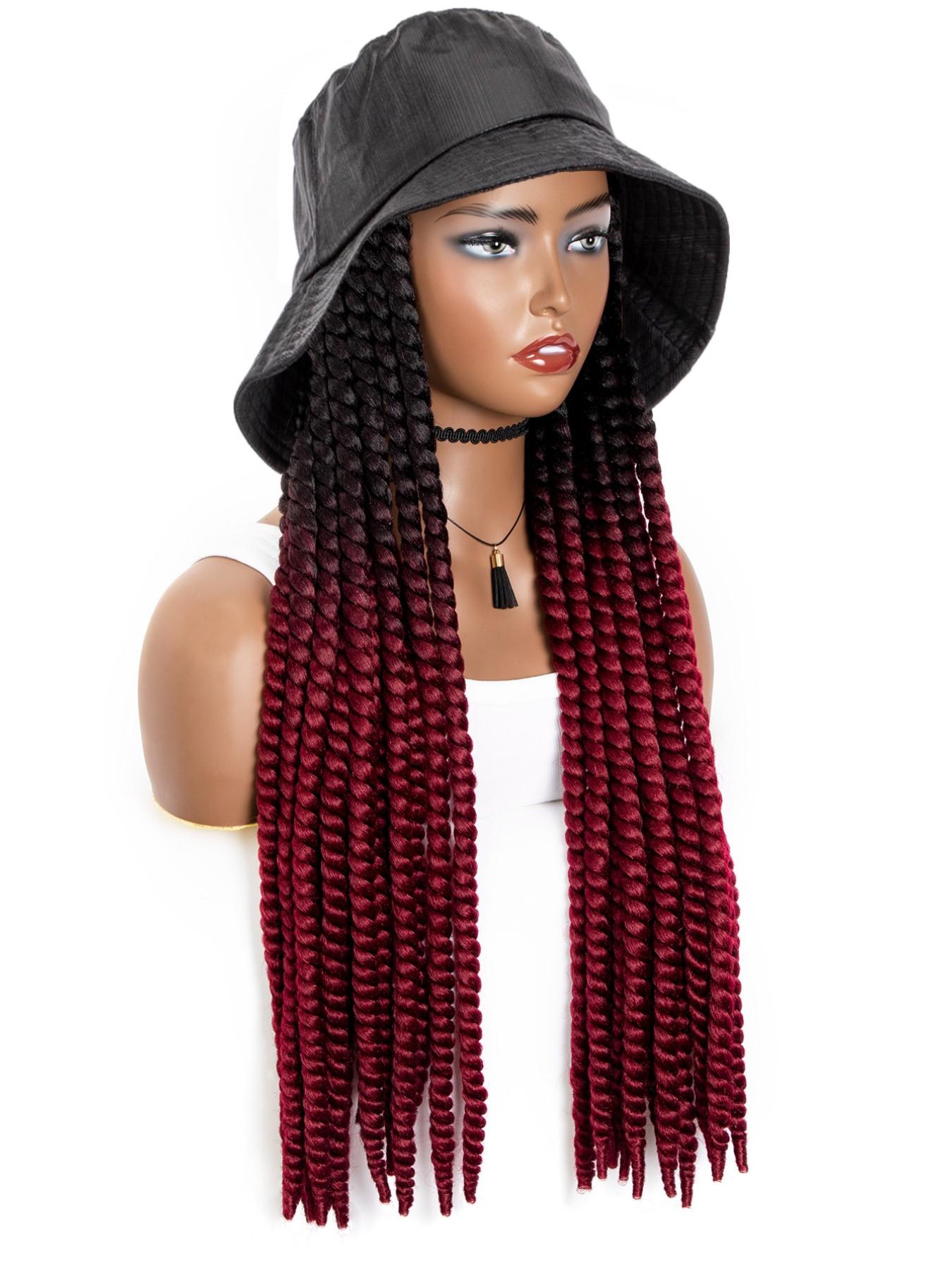 Long Ombre Black Burgundy Synthetic Havana Mambo Twist Braided Hair Extensions Cap Wig Spring Braiding With Bucket Hat