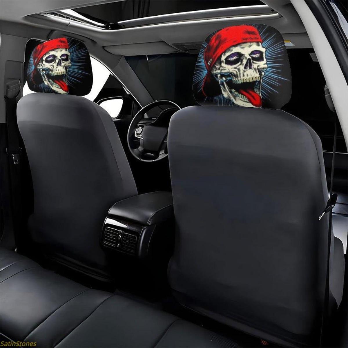 Gothic Hip Hop 2-Pack Car Headrest Covers with Skull Print, Soft Fabric, Easy Installation, Hassle-Free Wash, Durability Enhancement, Universal Fit Vehicle Decoration for Road Trips