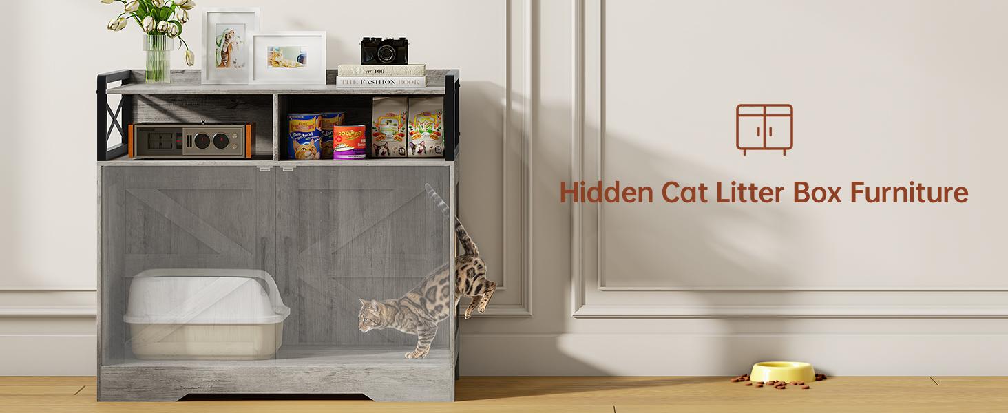 Litter Box Enclosure for 2 Cats, Hidden Litter Box Furniture with Double Rooms, Cat Bed, PVC Pad and Scratch Pad, Grey