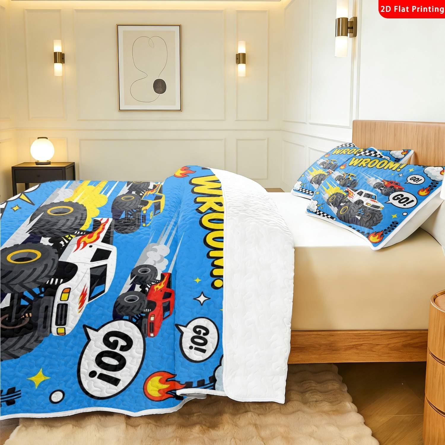 TikTok Made Me Buy It! Boys' Favorite Monster Truck Bedding 3Pcs Set | 1 Bedspread & 2Pillowcases, Racing Car Theme, Perfect Gift for Kids