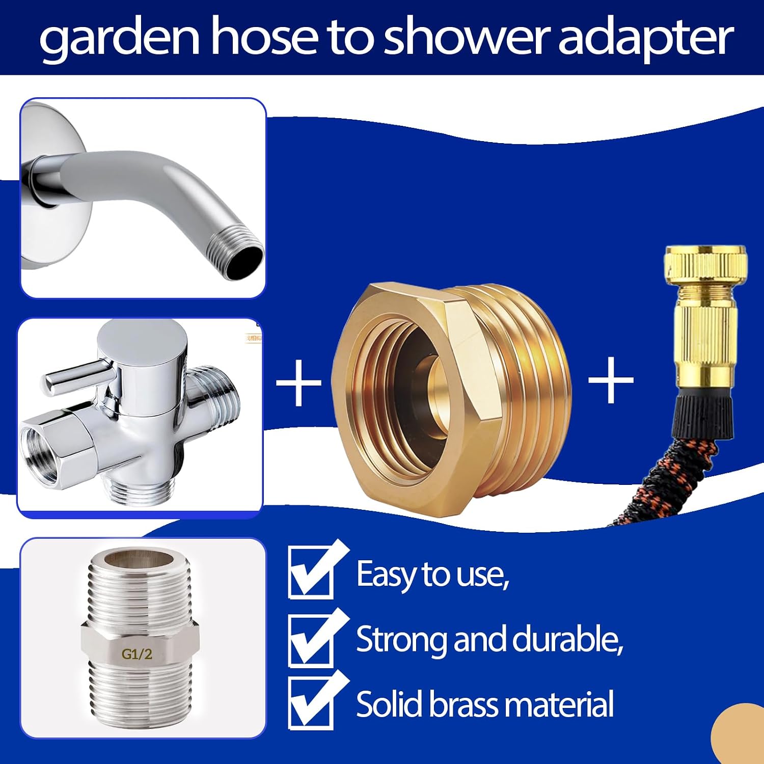 Brass Shower Hose Adapter and Faucet Adapter Kit, G1/2" Female, 55/64"-27 Female and 15/16"-27 Male to 3/4" GHT Male Garden Hose Connector, with Washer and PTFE Tape