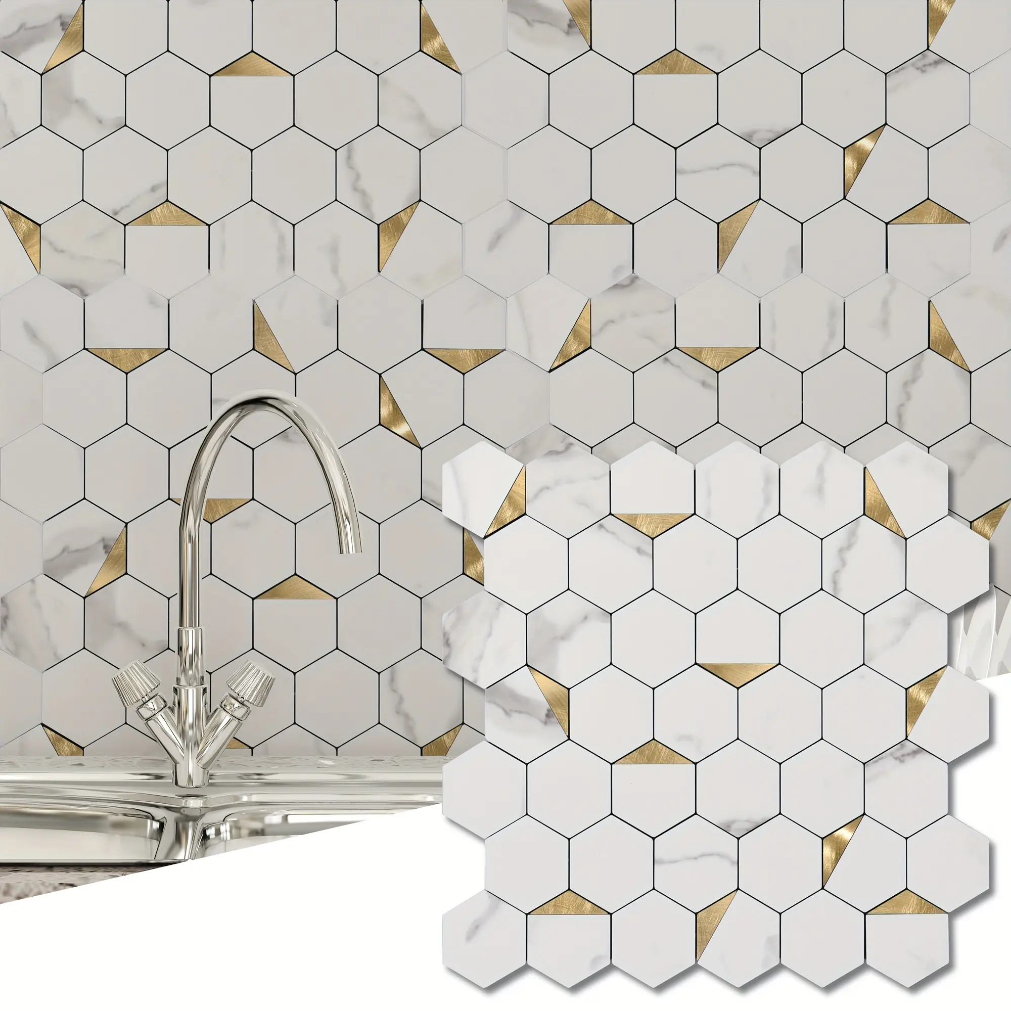 10 Sheets Peel And Stick Backsplash | Self-Adhesive Hexagon Mosaic Tiles For Kitchen Decor, Sticker Tiles, Vinyl Material, 3Mm Thickness By Abahub