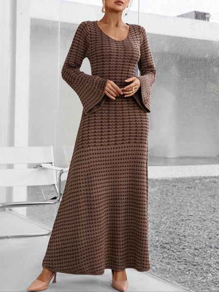 Women's Knit Elegant Commuter Dress, Fall & Winter Striped Round Neck Flare Sleeve Long Skirt, Loose Fit Sweater Dress (pattern Random)