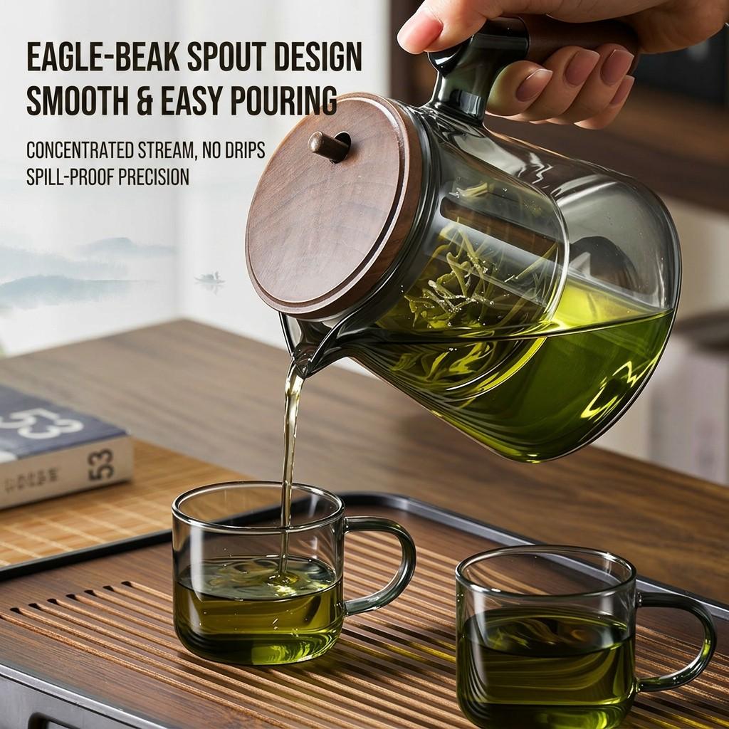 Glass Teapot with Removable Infuser Strainer & Wooden Handle - Borosilicate Heat Resistant Loose Leaf Tea Brewer for Office & Home Glass Teapot Set