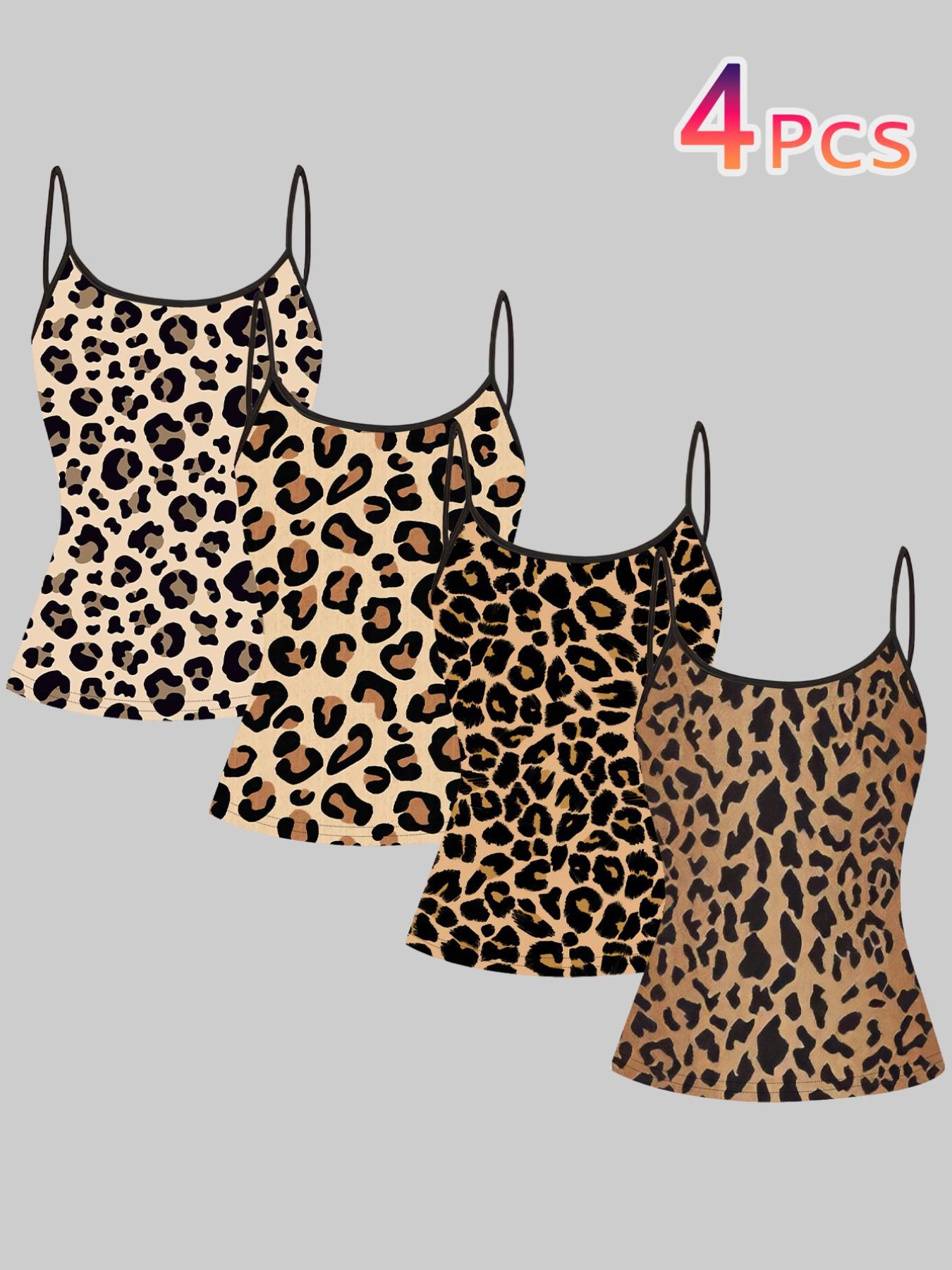 Classic Leopard Print Strappy Top, Summer Home Sleepwear Outerwear, Unique Slim-Fit Shirt Set of Four Pieces, Casual Style