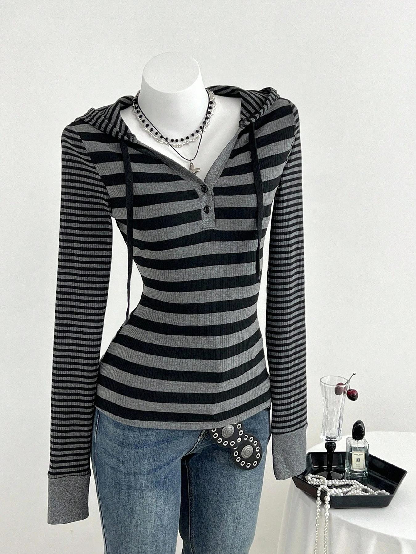 American Street Style Striped Hooded Top for Daily, Trendy Casual Slim Fit Wear
