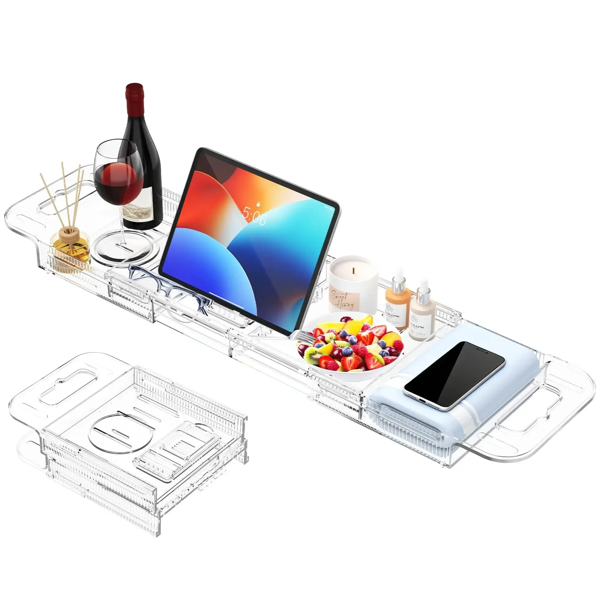 Stretchable Bathtub Tray, Transparent Acrylic Bath Tray, Foldable Bathtub Table, Luxury Spa Tub Accessories, Women's Gift, Bathroom Organizing Accessories, Bathroom Organizer Supplies