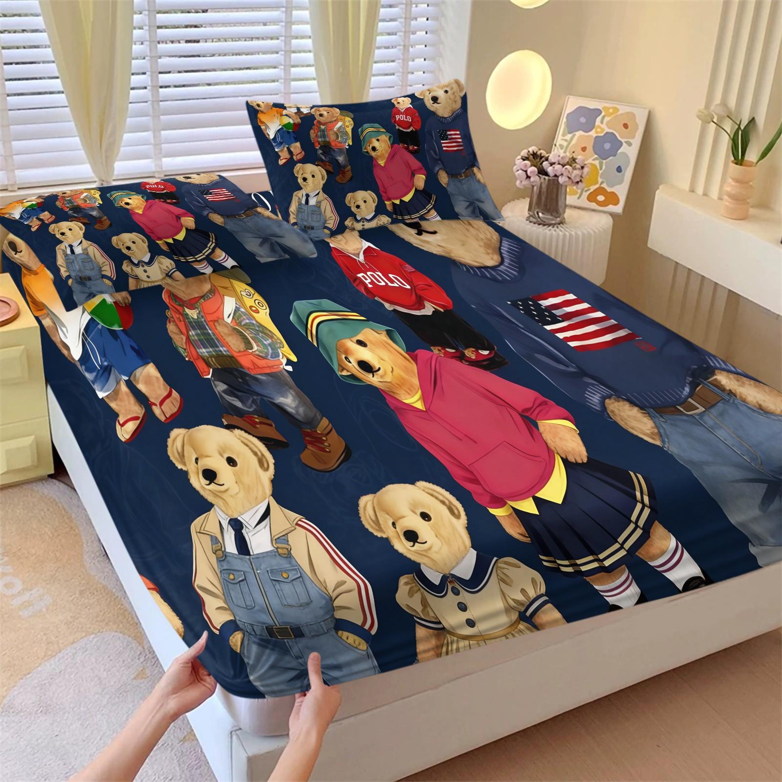 Teddy Bear Pattern Bed Sheet, Comfortable Printed Pattern, Includes 1 Bed Sheet and 2 Pillowcases, Comfortable Bedding, Non slip Dust Cover Suitable for Bedroom and Guest Room, Suitable as a Gift for Children or Adults