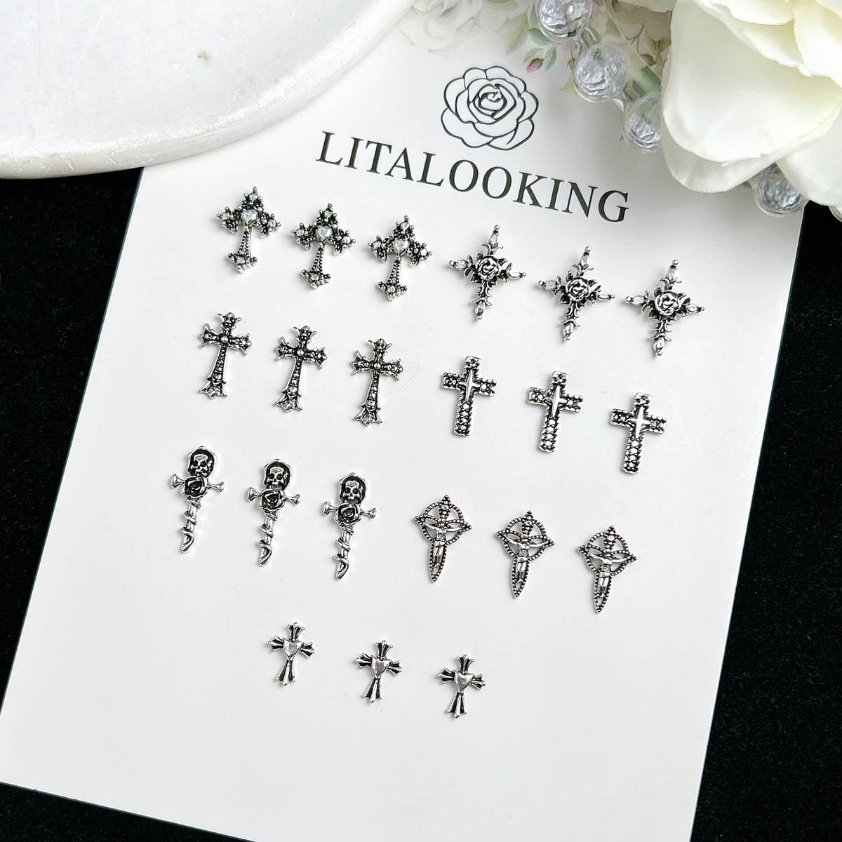 100PCS Punk Style Alloy Cross Nail Charms 3D Heavy Dark Gothic Cross Mixed Nail Art Decorations DIY Cool Nail Designs