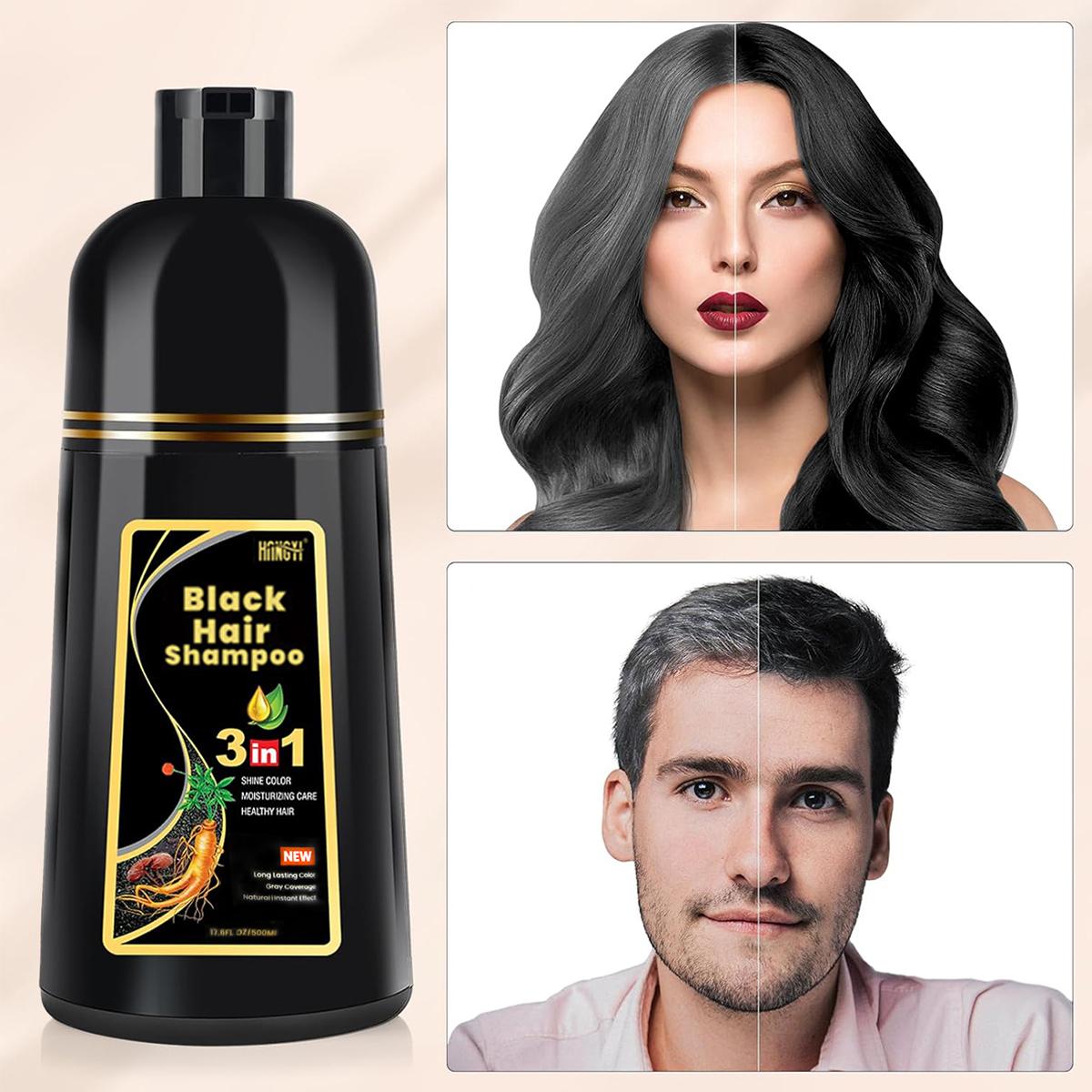 3 in 1 Black Hair Dye Shampoo with Ginseng Extract - Herbal Formula for Gray Coverage & Natural Haircoloring -17.6 FL OZ /500 ML