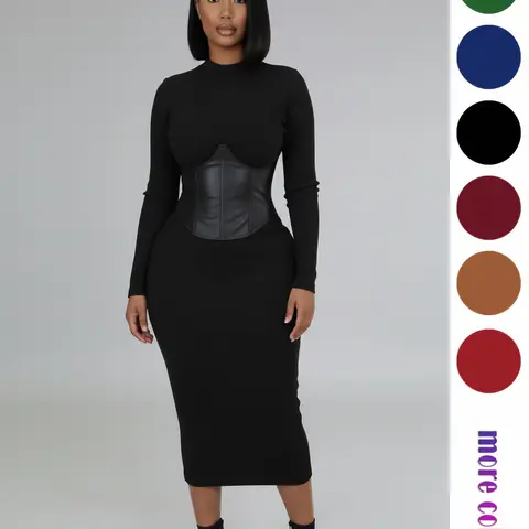 Women's Long Sleeve High Stretch Bodycon Midi Dress with PU Waist Belt, European Style Formal Christmas Party Evening Gown, Slim Fit Two-Piece Set