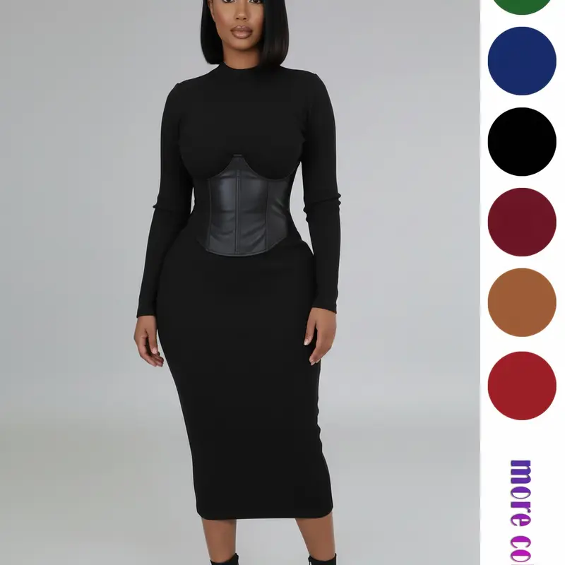 Women's Long Sleeve High Stretch Bodycon Midi Dress with PU Waist Belt, European Style Formal Christmas Party Evening Gown, Slim Fit Two-Piece Set