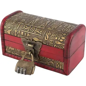 Vintage Wooden Treasure Chest, Antique Jewelry Lockable Box, Kids Small Chest European Style, Wooden Storage Decorative Box with Fish, Insects, Birds, Beasts Patterns