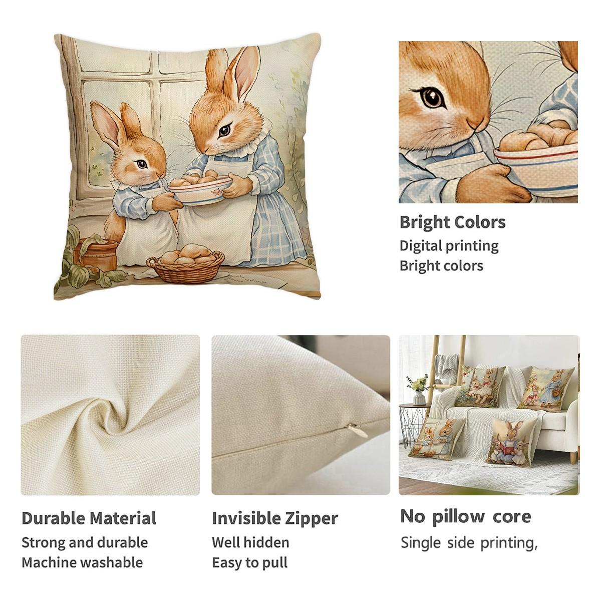 4pcs Easter Cute Rabbit Pillow Cover, Retro Style Cartoon Rabbit Easter Spring/Summer Season Decorative Cushion Cover, 18x18 inch Pillowcase, Farmhouse Holiday Decorative Pillow Cover, Suitable for Living Room, Sofa, Office, Outdoor (No Pillow Core)