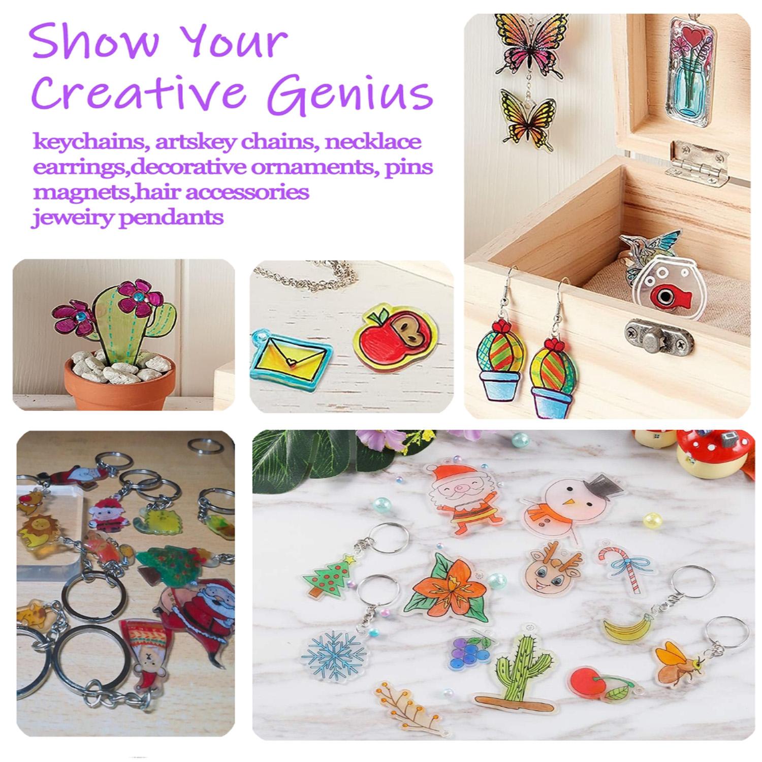 184pcs/200pcs Shrink Plastic Sheet Kit with Shrink Paper Keychain Set, 176pcs Keychains and Open Iron Rings, Handmade Keychain, Christmas Gift