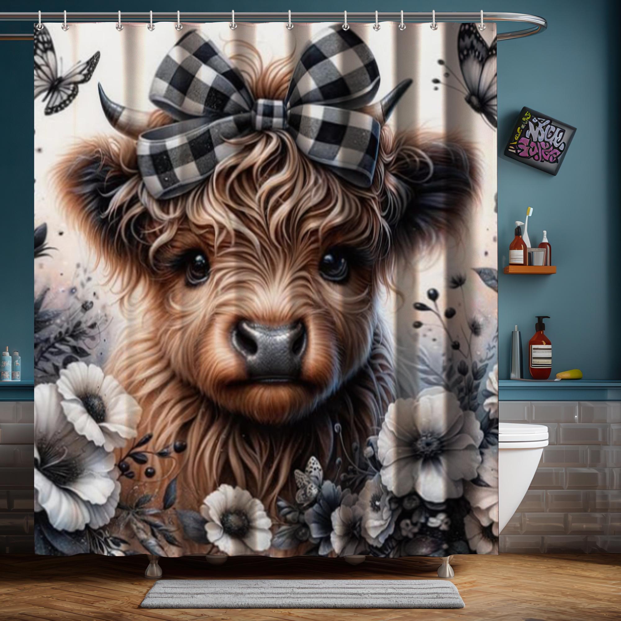 72x72 Inch Waterproof Bath Curtain Set, Christmas Highland Cow Pattern, Easy Install, Durable Polyester Fiber, Perfect Gift Idea, Shower Curtain Set