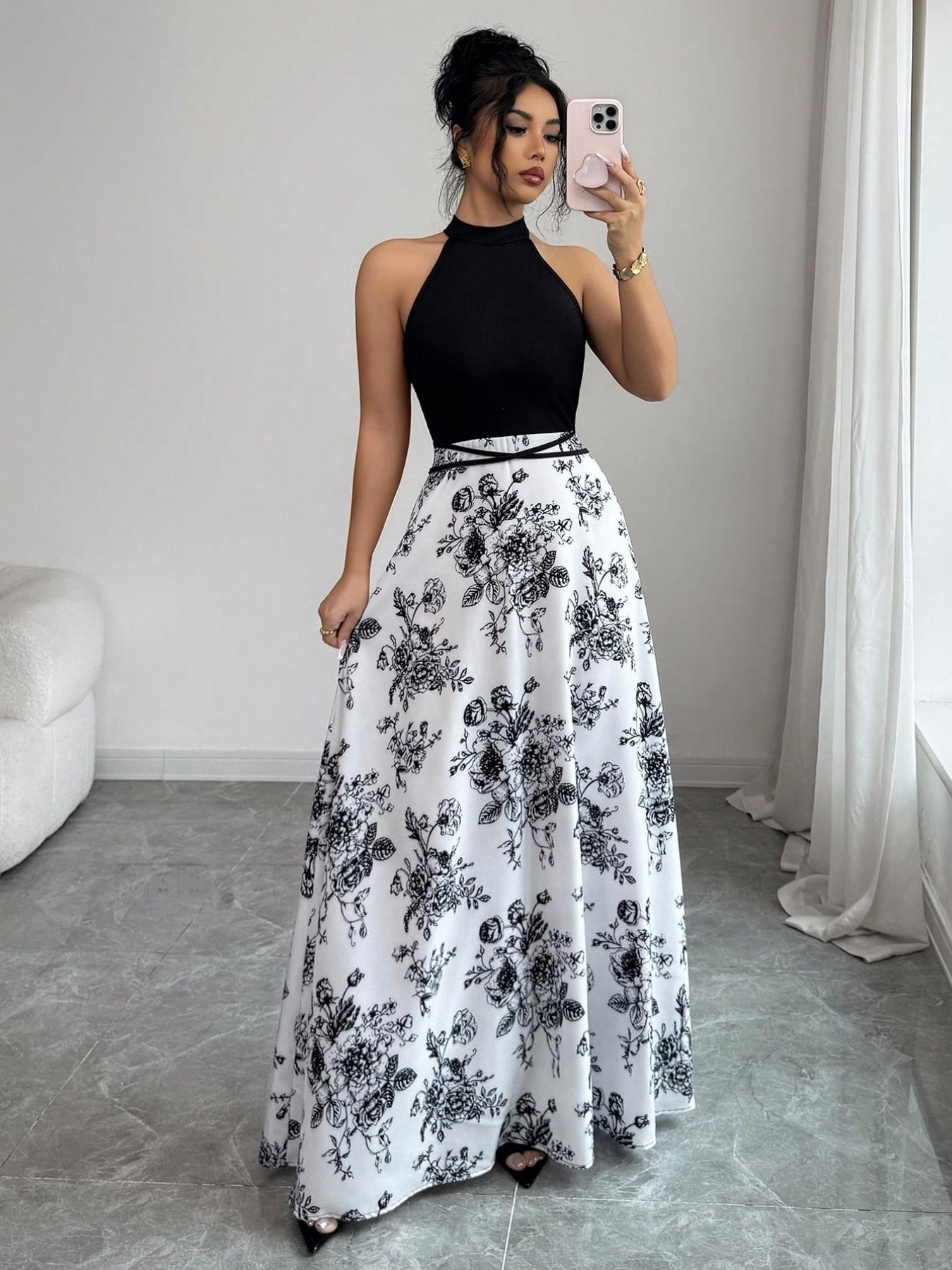 Women's Summer New French Patchwork Sleeveless Dress, Unique Design Floral Print Backless Colorblock Slim Waist Dress, Elegance, Chic, Fashionable and Stylish, Elegant Summer Dress