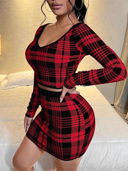 Women's Plaid Print Long Sleeve Top & Skirt Set, Casual Fashion for Spring Summer Daily Wear, Travel Nightclub Style