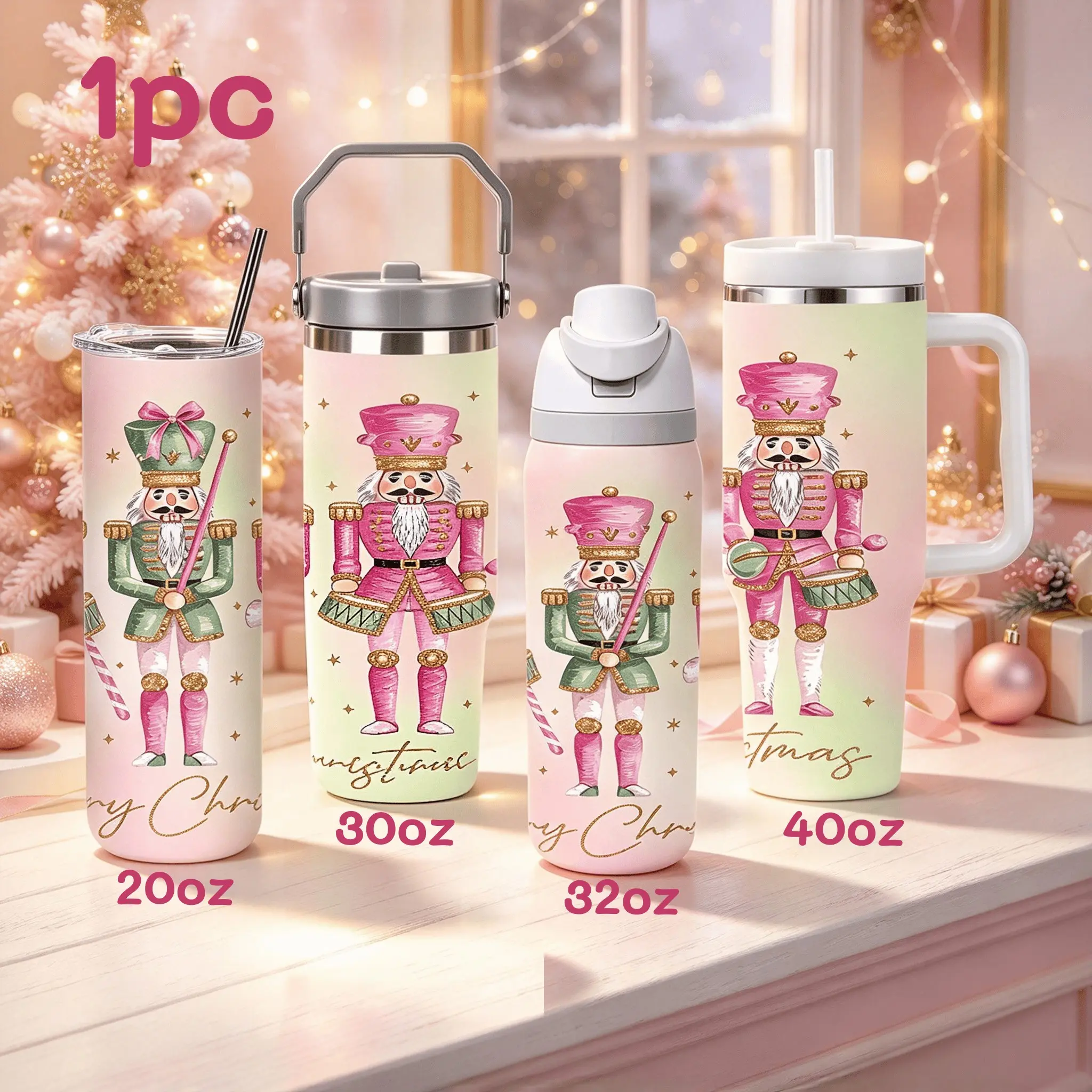 1pc 20/30/32/40oz Stainless Steel Water Bottle,Pink Christmas Nutcracker Soldier Print Vacuum Insulated cup, Double Wall Thermal Travel Tumbler, Halloween Christmas New Year Holiday Gift for Home & Party