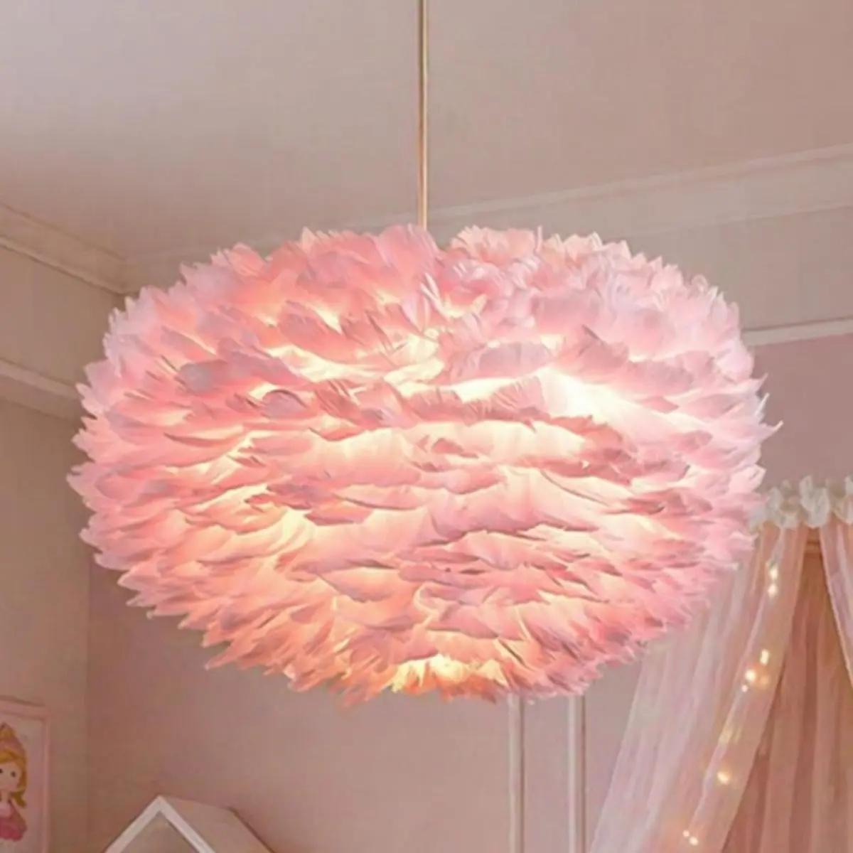Aobtkel18 Inches Pink Feather Chandeliers for Living Room, 3 Lights Modern Romantic Pink Feather Fixture for Girls Room Bedroom