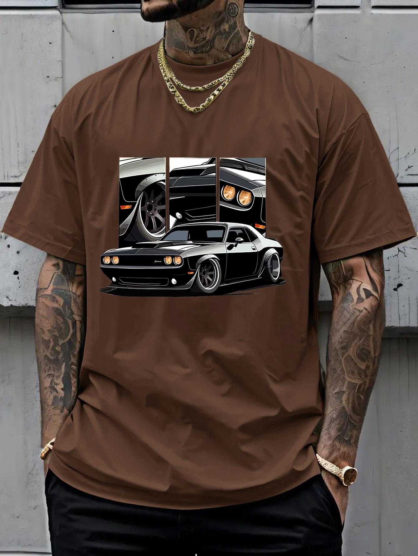 Men's Round Neck Short Sleeve T-Shirt, Summer Vintage Dodge Challenger Muscle Car Print, American Streetwear Loose Fit Top