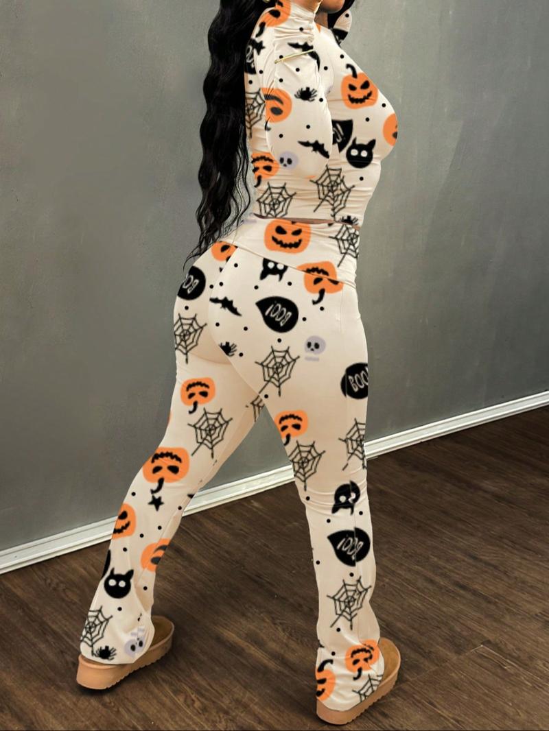 Women Halloween Two Piece Set Pumpkin Print Long Sleeve Crop Top Flare Pants Outfit Ghost Bat Spider Web Design Holiday Party Clubwear Casual Fall Festival Look Comfortable Fashion Matching Set Halloween Costume