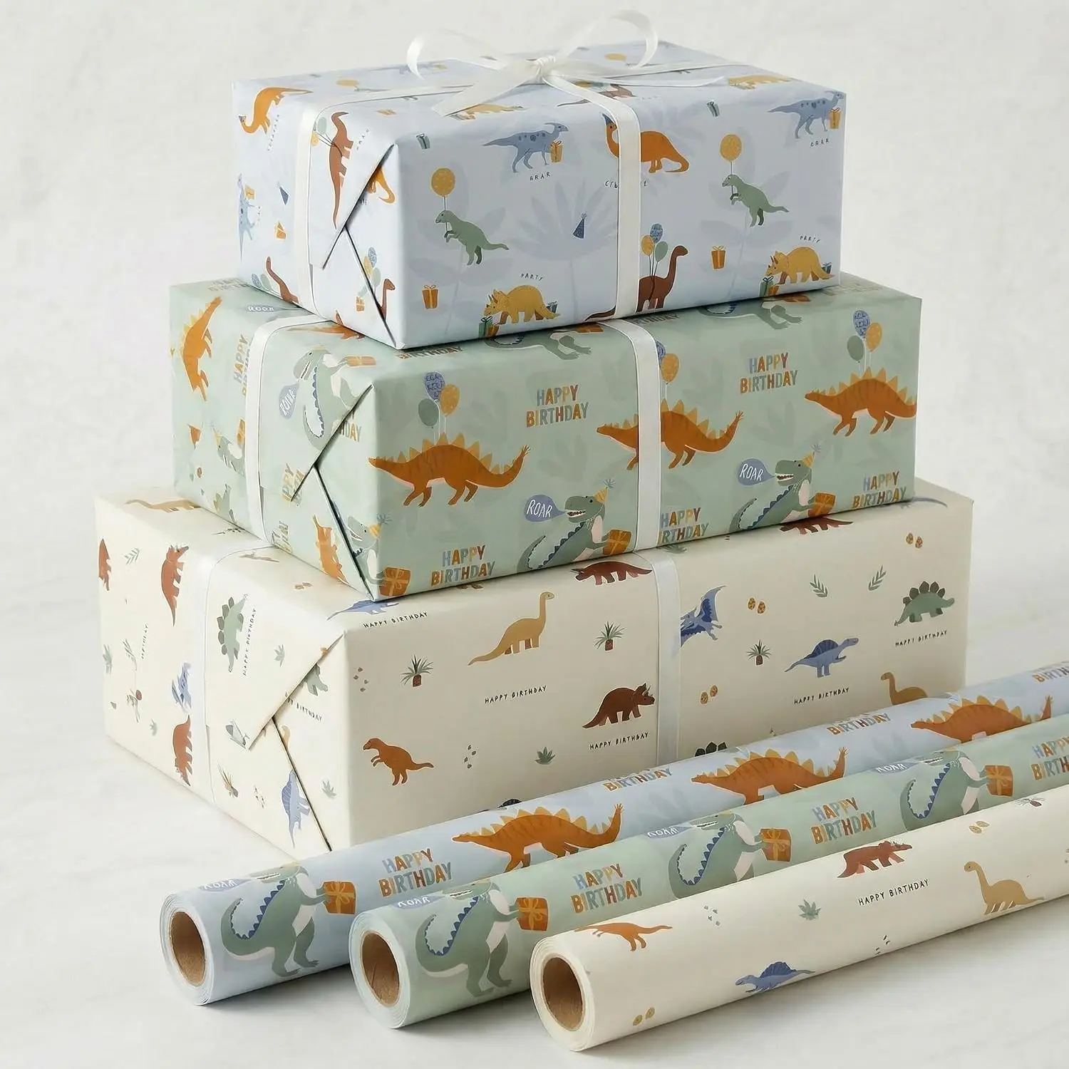 Beautiful Happy Birthday Wrapping Paper Roll Set for Boys - Cute Set of 3 Quality Rolls With Dinosaurs Design - Add a Touch of Magic to Every Kids & Baby Gift You Wrap - 17 x 120 in