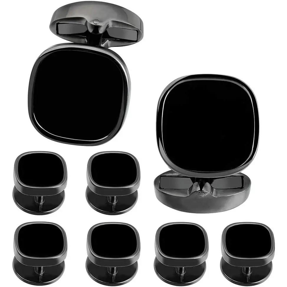Cufflinks and Studs for Men-Black Stone Mens Fashion Gun-Black Cufflinks and Tuxedo Shirt Studs Set for Regular Weeding Business Accessories