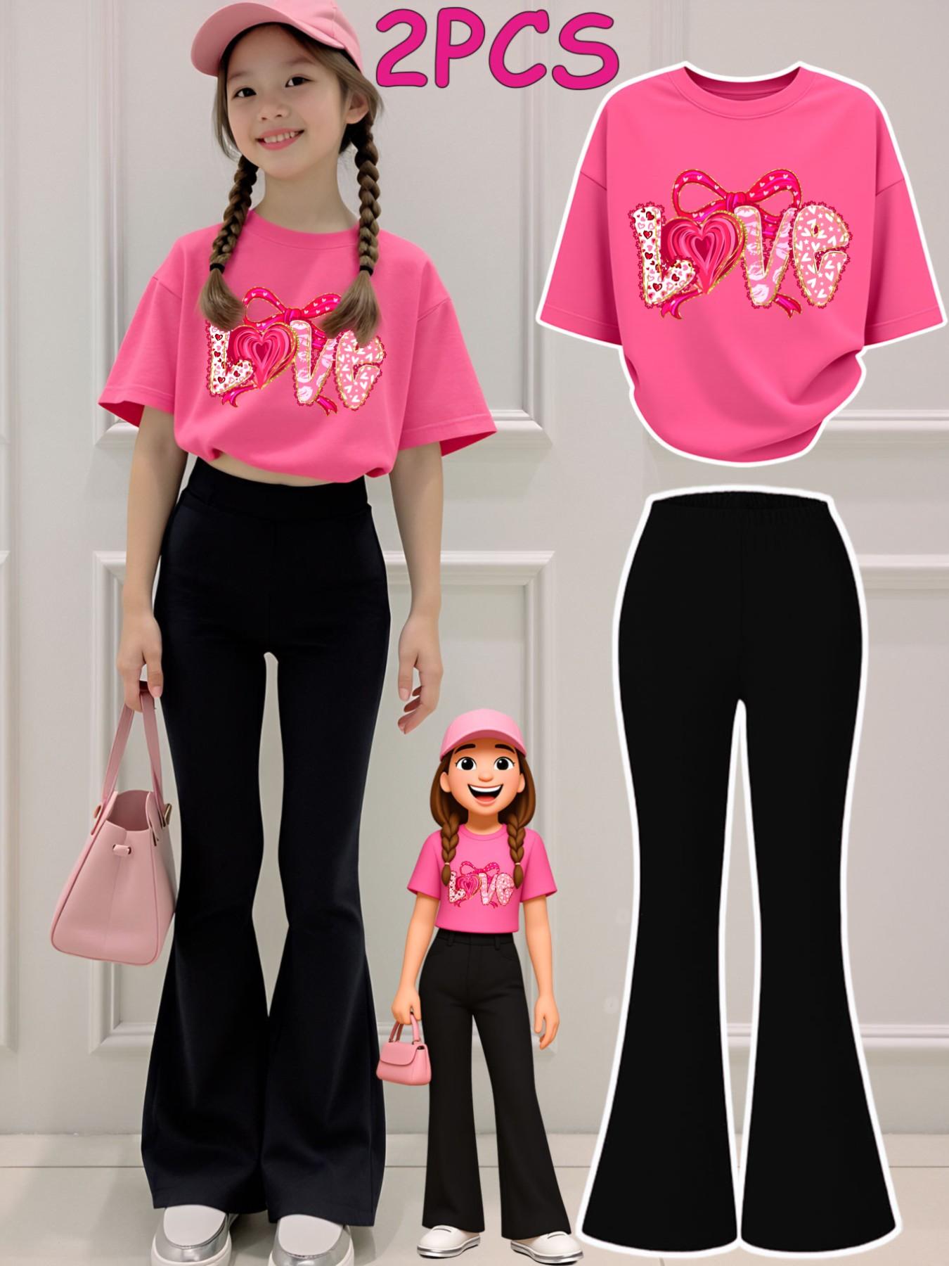 2pcs Girls' Valentine's Day Set, Heart Bow Print, Short Sleeve T-Shirt & Bell Pants, Casual Summer Fashion for Kids