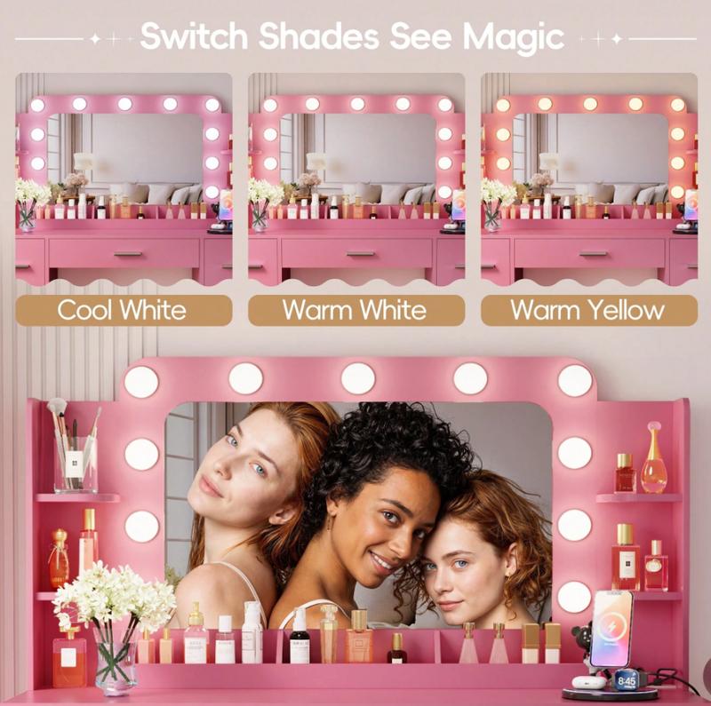 FURMAX Makeup Vanity Desk With Mirror & Lights, Large Vanity With 7 Drawers & 4 Storage Shelves