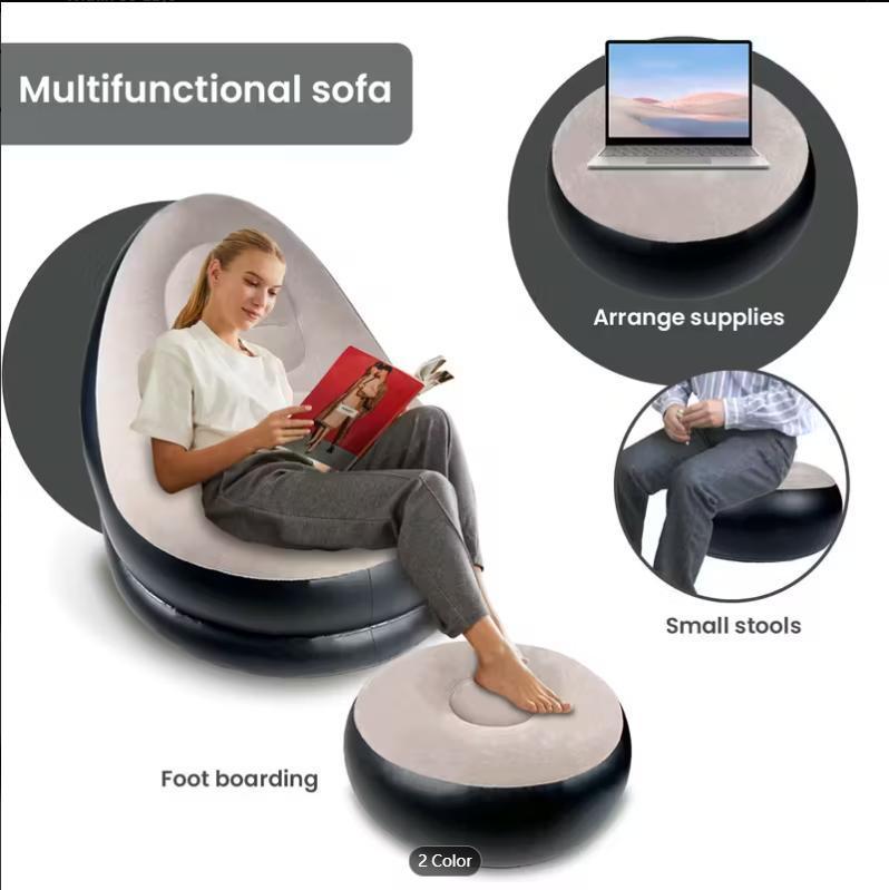 Folding Reclining Lazy Sofa Chair Portable Flocking Air Couch with Foot Stool for Relaxation Indoor Living Room Gaming Bedroom Office Balcony Outdoor Travel Camping