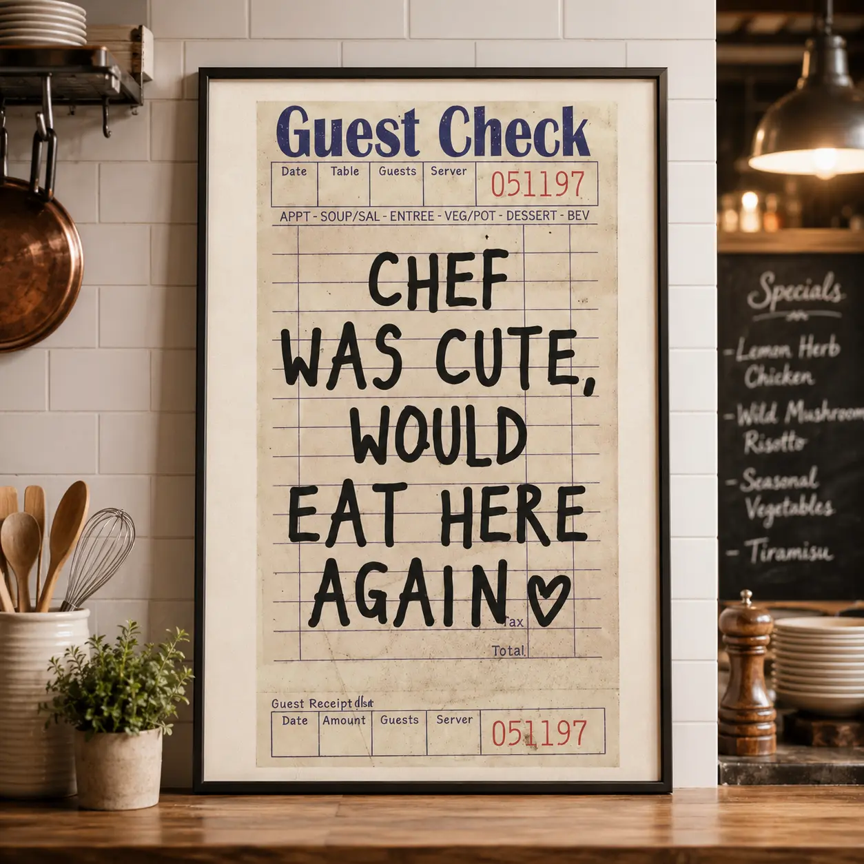 Chef & Guest Check Art Print, Funny Kitchen Wall Decor, Artistic Quote Poster for Restaurant, Dining Room or Bedroom, Vintage Café Decor, Foodie Gift, Restaurant Wall Art, Farmhouse Kitchen Decor, Home Decor